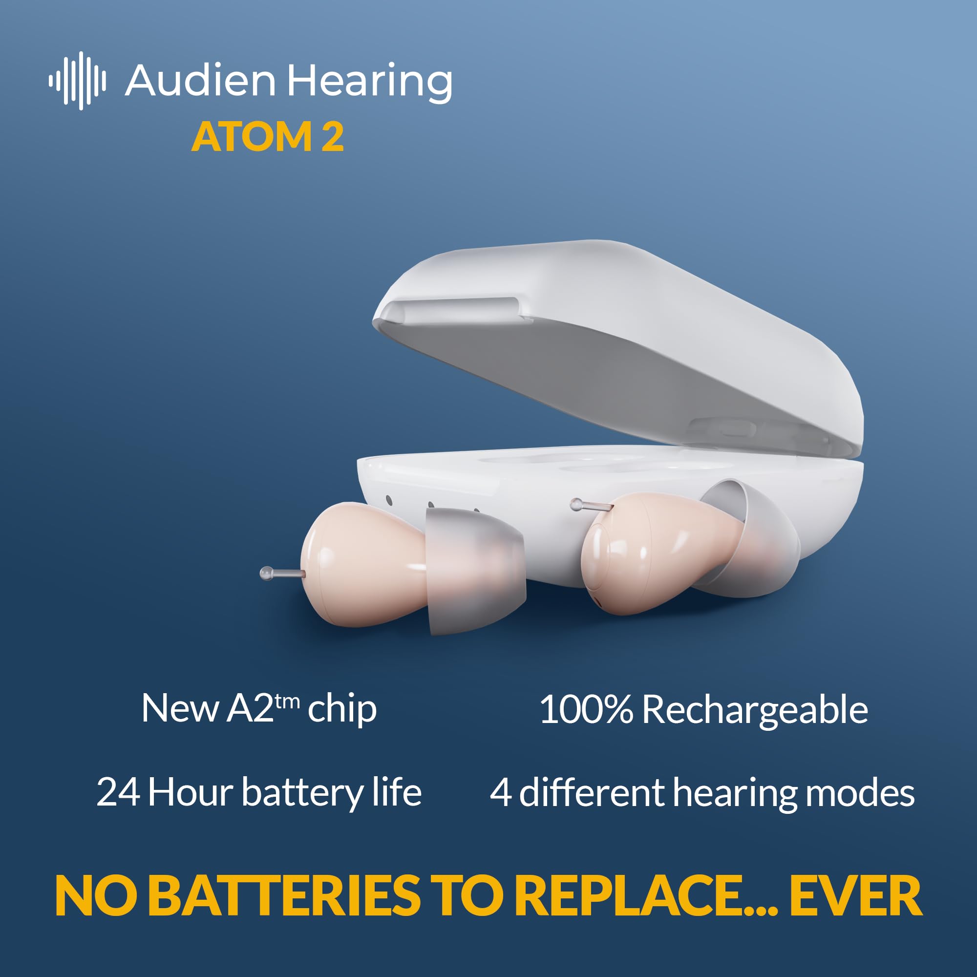 Audien ATOM 2 Wireless Rechargeable OTC Hearing Aid - Premium Comfort, Nearly Invisible Hearing Amplifier for Seniors & Adults - Perfect for TV Watching, Conversations & Outdoor Activities