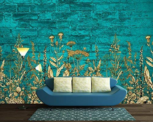 Wall26 - Large Self-Adhesive Vinyl Wall Mural with Light Blue Flowers on Teal Brick Wall | Removable Modern Wallpaper Decor 66x96 inches | Perfect for Living Room, Bedroom & Office Accent Wall