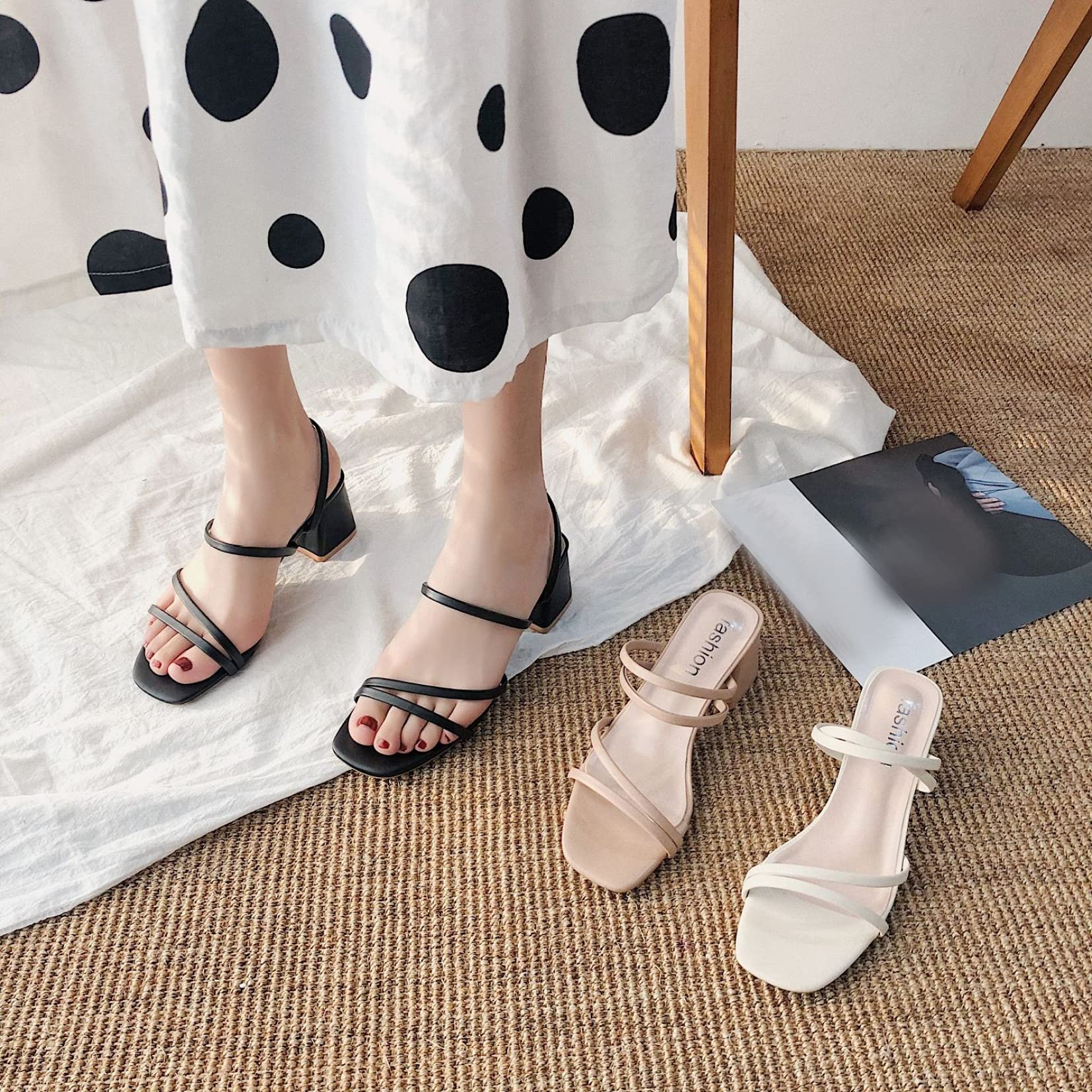 Women's Elegant Square Open Toe Heeled Sandals - Block Mid Heel Dress Pumps - Slip On Backless Slide Sandals for Wedding, Party & Evening Occasions