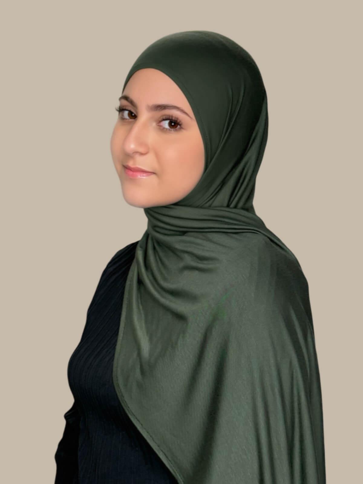 Stylish Pre-Sewn Jersey Hijab in Army Green - Perfect for Everyday Wear, Work, and Special Occasions