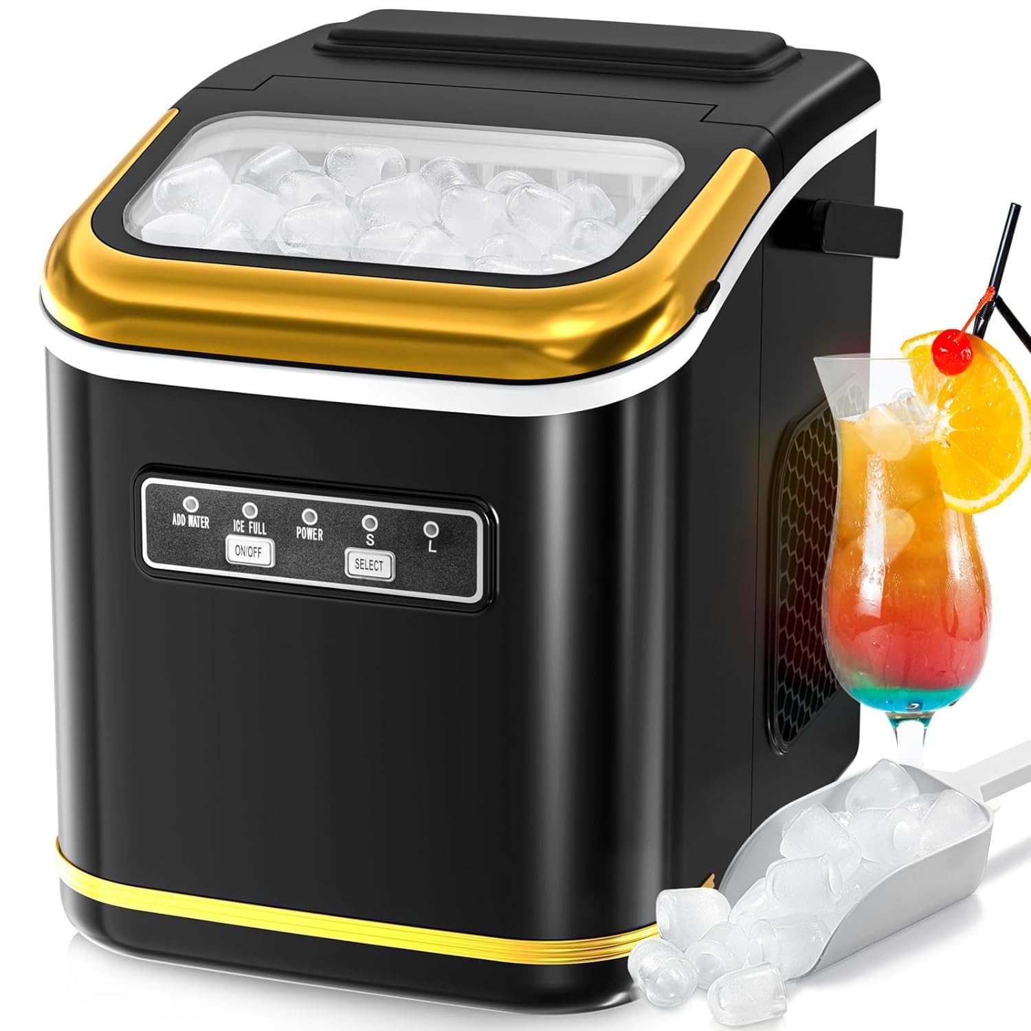 R.W.FLAME Portable Countertop Ice Maker Machine - 9 Bullet Ice Cubes in 6 Minutes, 26.5lbs/24Hrs, Self-Cleaning with Ice Basket & Scoop - Perfect for Home, Office, Kitchen, Bar, Party & Outdoor Use - Black
