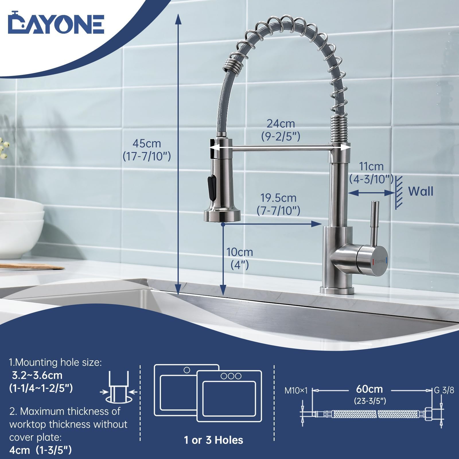 DAYONE Brushed Nickel Kitchen Faucet with Pull-Out Sprayer - High Arc Single Handle for Modern Kitchens