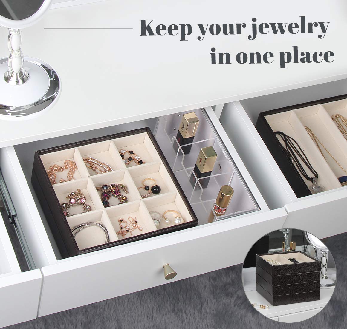 Stackable Jewelry Trays - Earring Ring Necklace Organizer for Dresser Drawer - MK220-1ABCD - Perfect for Bedroom Closet Storage