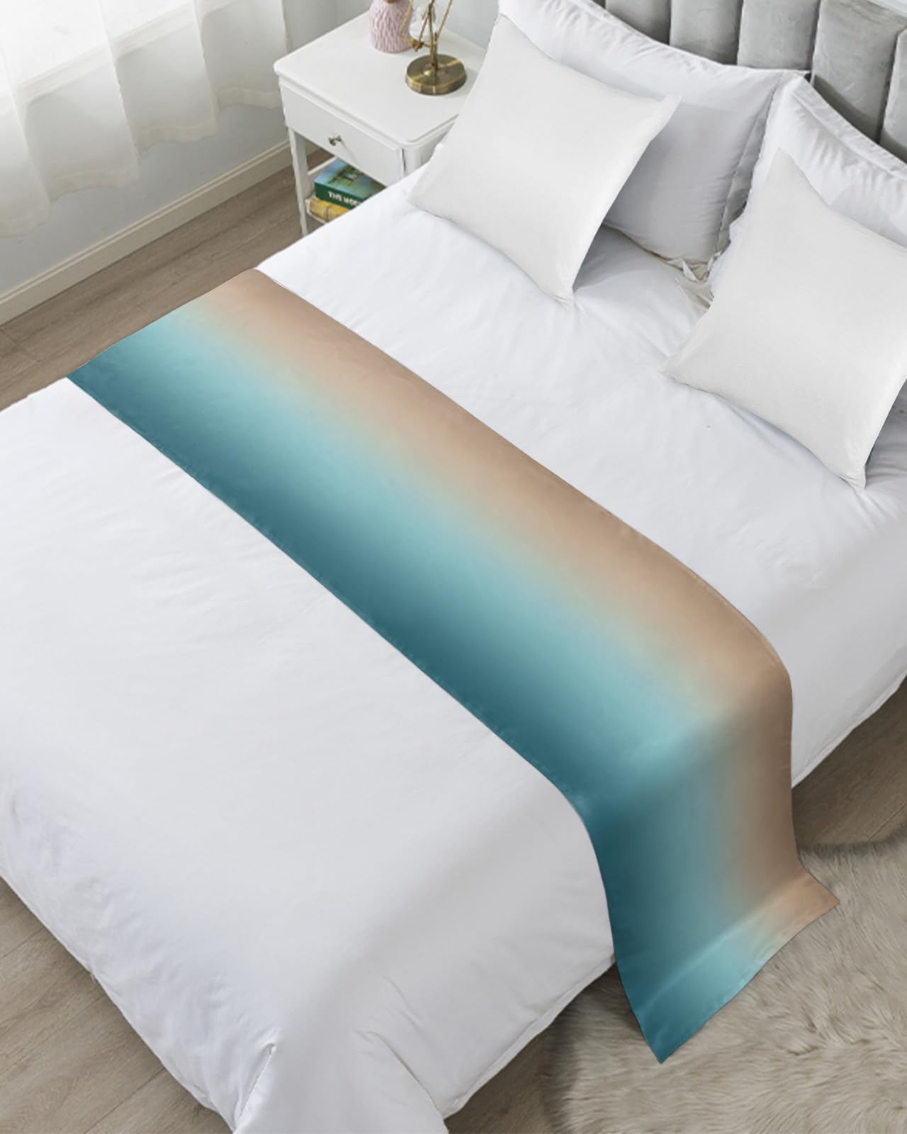 Navy Blue Brown Ombre Bed Runner for California King Size Bed - Modern Abstract Art Gradient Throw Blanket for Sofa, Foot of Bed & Bedroom Decor - Soft Bedding Scarf Protector Slipcover for Cozy Home & Guest Room Styling