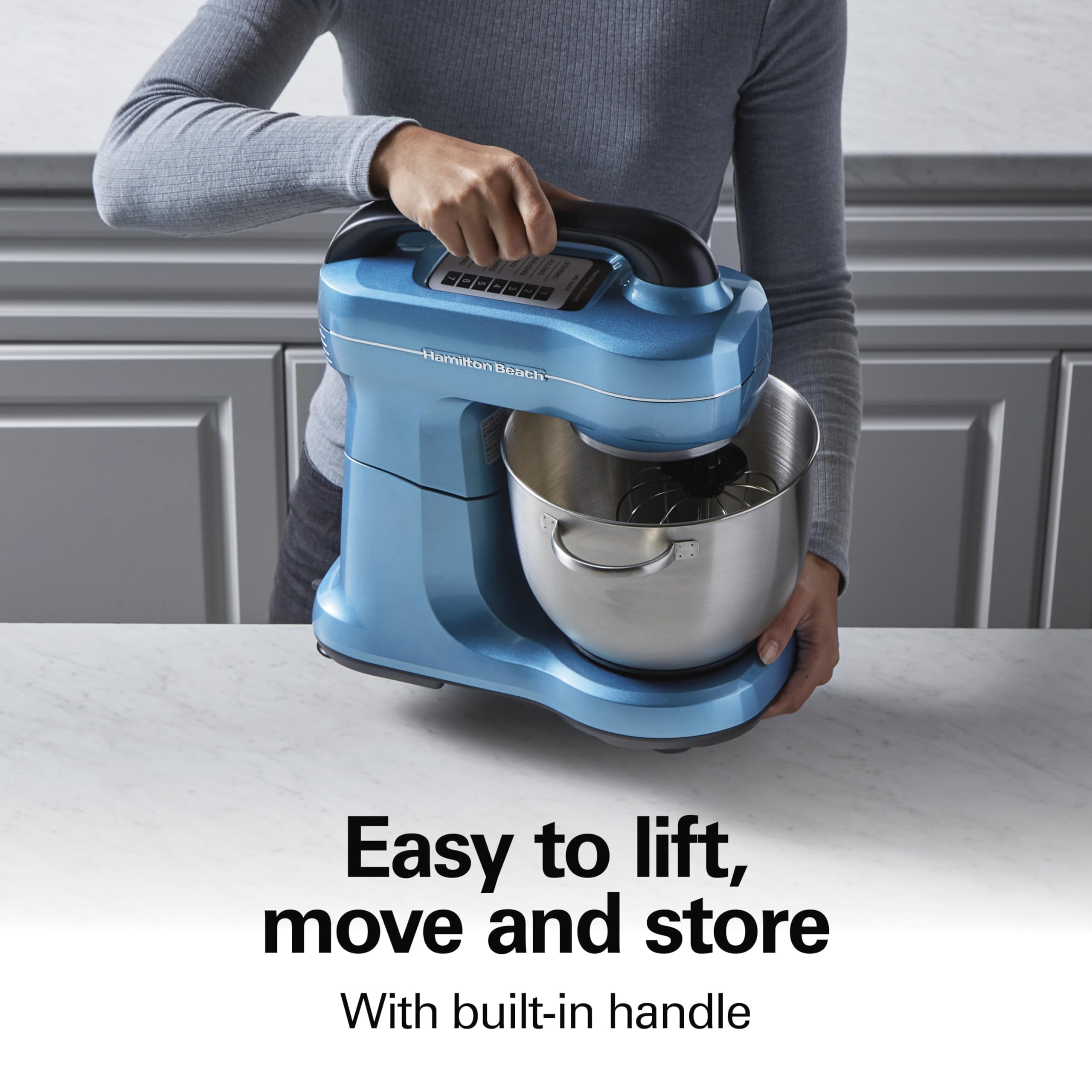Hamilton Beach 4-Quart Electric Stand Mixer with Dough Hook, Flat Beater & Whisk - 7 Speed Settings & Splash Guard - Perfect for Baking Cakes, Cookies & Bread Dough (Blue)