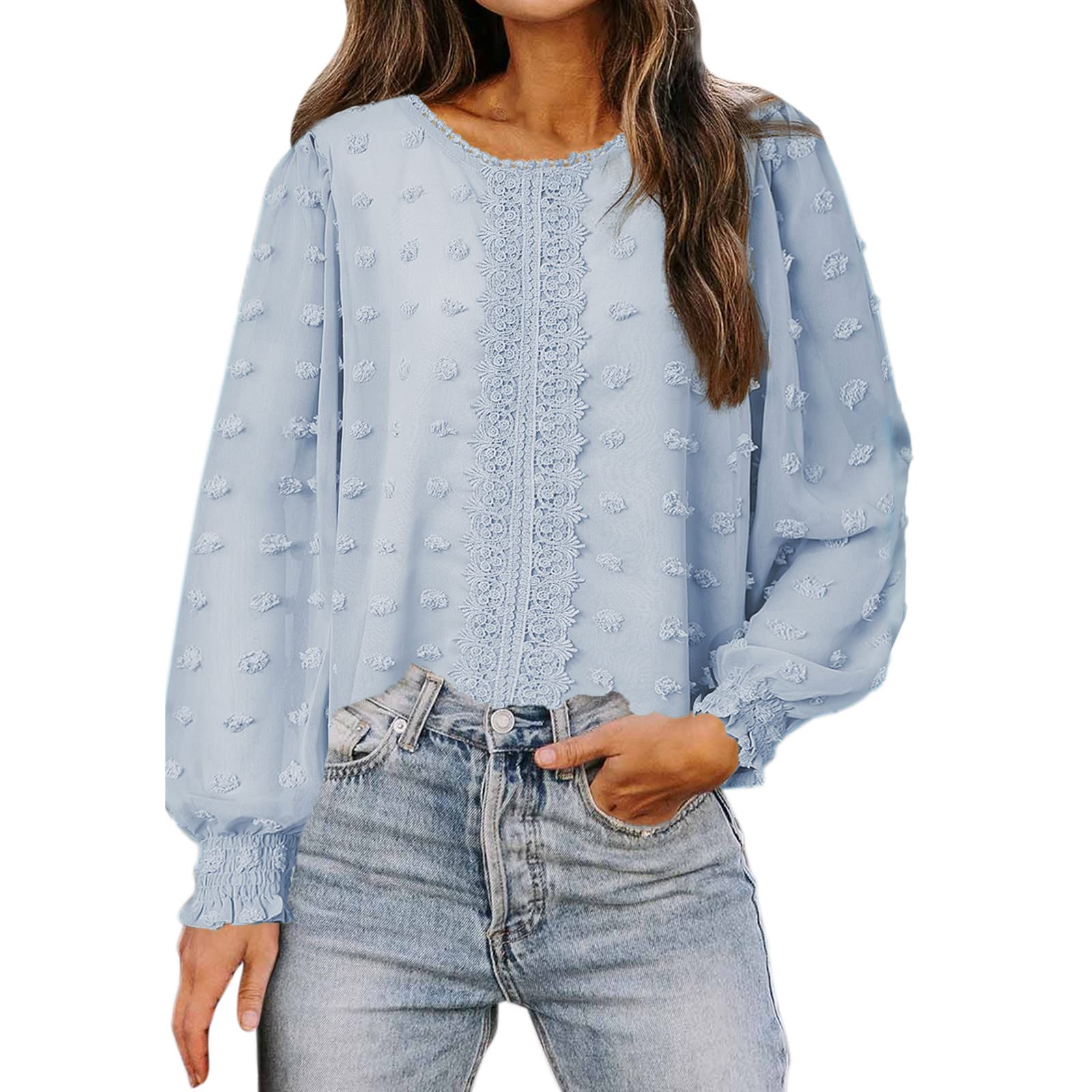 XIAOBU Women's Long Sleeve Button Down Blouse - Crew Neck See-Through Roll Up Sleeve T-Shirt in Black | Perfect for Office, Casual Wear & Layering Outfits