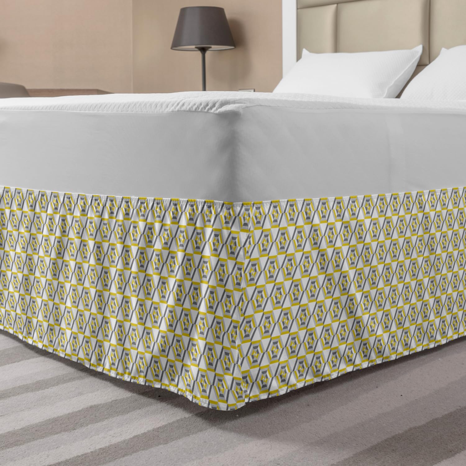 Ambesonne Hexagon Bedskirt King Size - Yellow & Gray Modern Bedroom Decor for Luxury Home Styling
