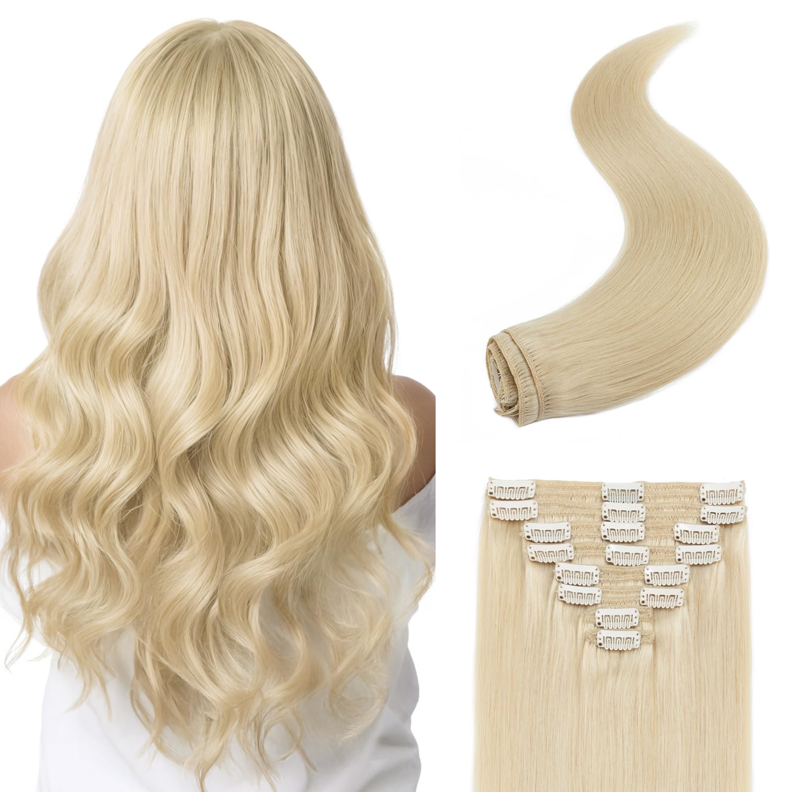 S-noilite 24 Inch Platinum Blonde Clip in Hair Extensions - 8Pieces 170G Real Human Remy Hair with Double Weft #60 - Perfect for Parties, Weddings & Daily Styling