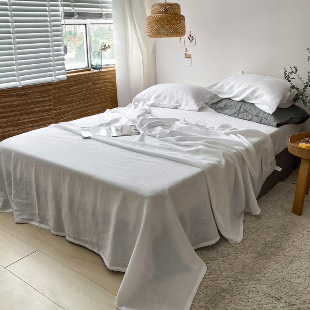 Premium 100% French Linen Sheet Set King Size - 4 Piece Natural Breathable Bedding for All Seasons | Soft & Durable Luxury Bed Sheets | Perfect for Master Bedroom, Guest Room & Vacation Homes (White, King)