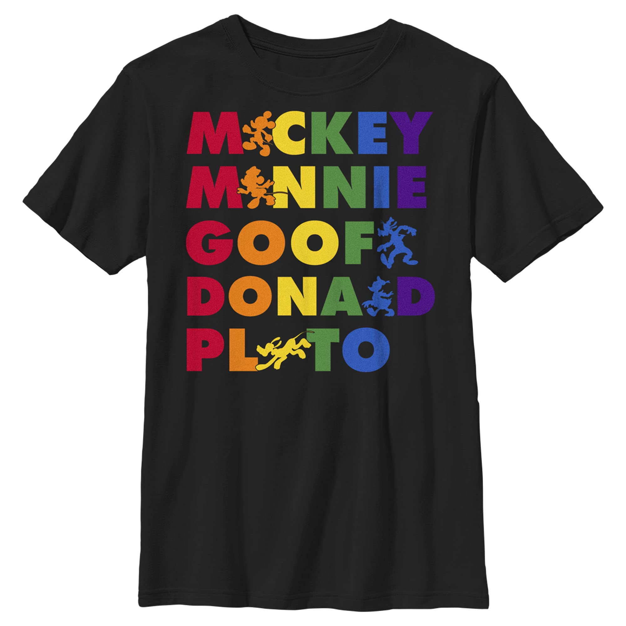 Boys Mickey & Friends Rainbow Character Names T-Shirt - Disney Cartoon Graphic Tee for Kids Birthday Party & Theme Park Outfits