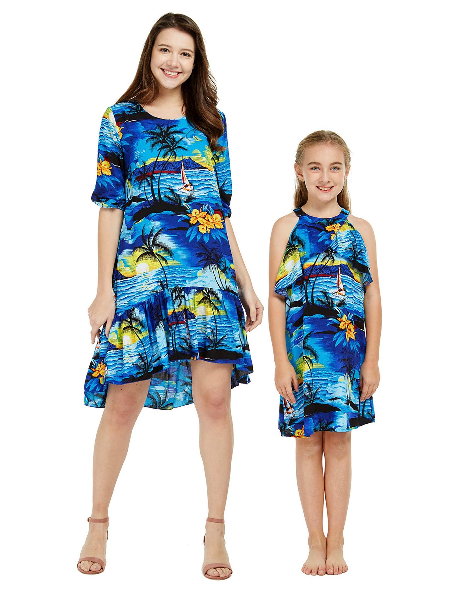 Sunset Blue Hawaiian Luau Matching Mother Daughter 3/4 Sleeve Mermaid Ruffle Dress Set - Perfect for Beach Parties, Family Photos & Tropical Vacations