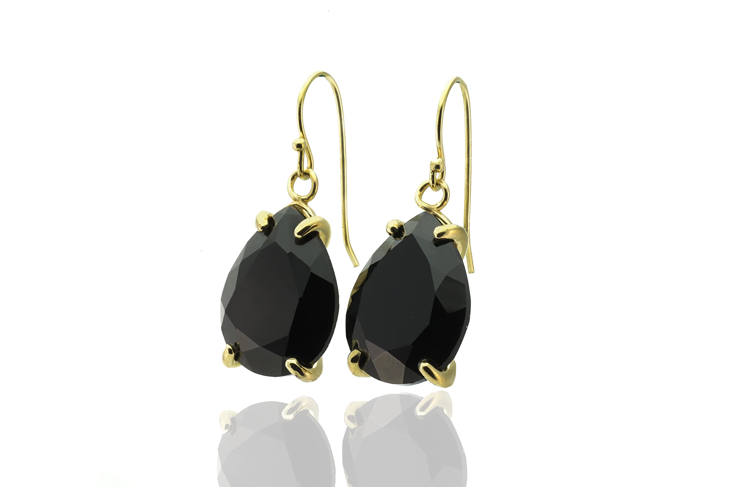 Pear Cut Black Onyx Gold Dangle Earrings for Women - Handmade Teardrop Gemstone Statement Jewelry - Large Pear Shaped Onyx Earrings - Diamond Alternative Semiprecious Earrings for Evening Parties, Weddings & Special Occasions