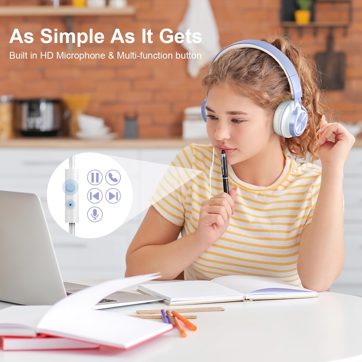 Ailihen MS300 Wired Headphones with Microphone - 3.5mm Jack Foldable Lightweight Headset for Chromebook, Laptop, Computer & Smartphone - Perfect for Online Classes, Gaming & Music (Violet)