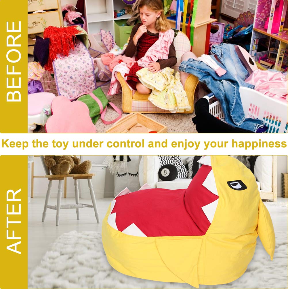 **Shark Plush Bean Bag Chair for Kids - Large Capacity Stuffed Storage Organizer with Zipper for Toys, Pillows, Towels & Clothes - Perfect for Playroom, Bedroom or Reading Nook (Yellow)**