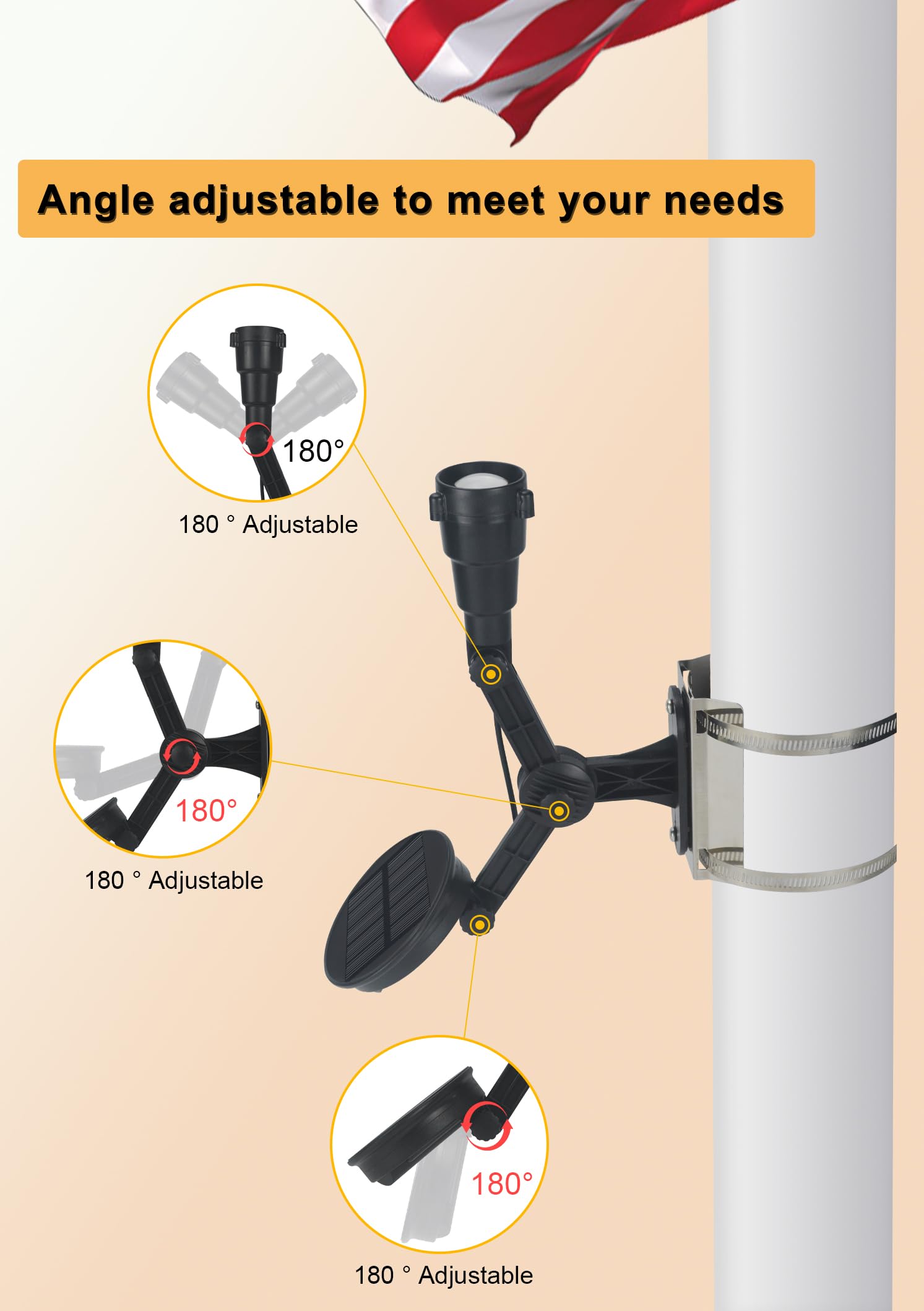Solar Flag Pole Light - Super Bright LED Spotlight with Adjustable Bracket & Metal Clamp for 2-3.5