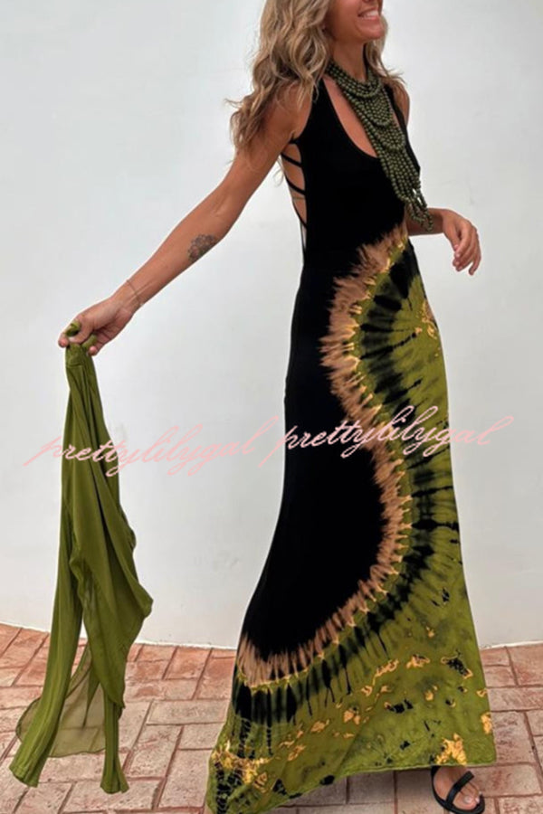 Stylish Summer Tie-Dye Print Back Lace-Up Stretch Maxi Dress for Women - Perfect for Beach Vacations, Music Festivals & Boho Chic Outfits