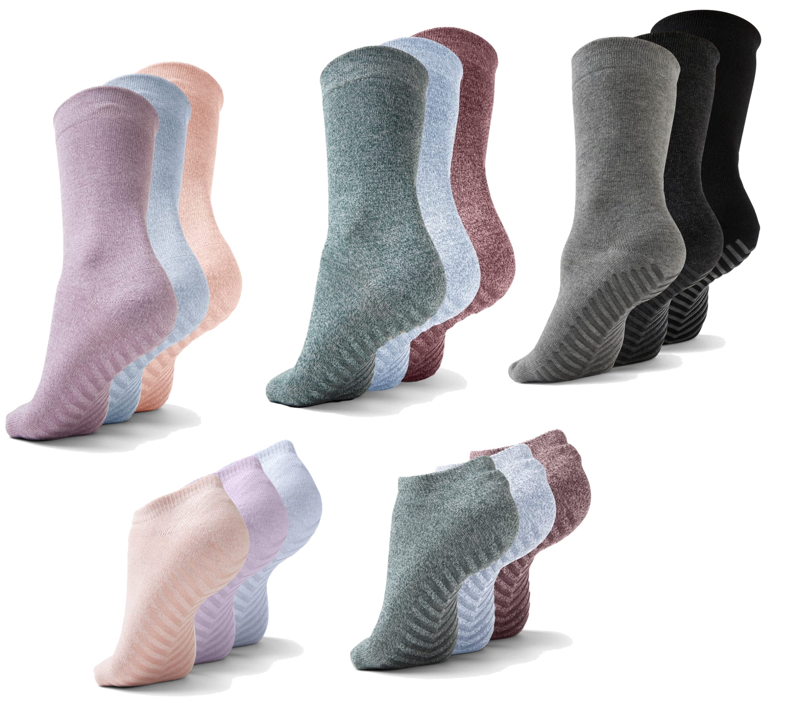 Gripjoy Non-Slip Grip Socks Bundle - Crew & Low Cut Styles (Multi-Color: Grey, Red, Green, Blue, Pink, Purple) - Small/Medium - Perfect for Yoga, Pilates, Barre & Dance Workouts