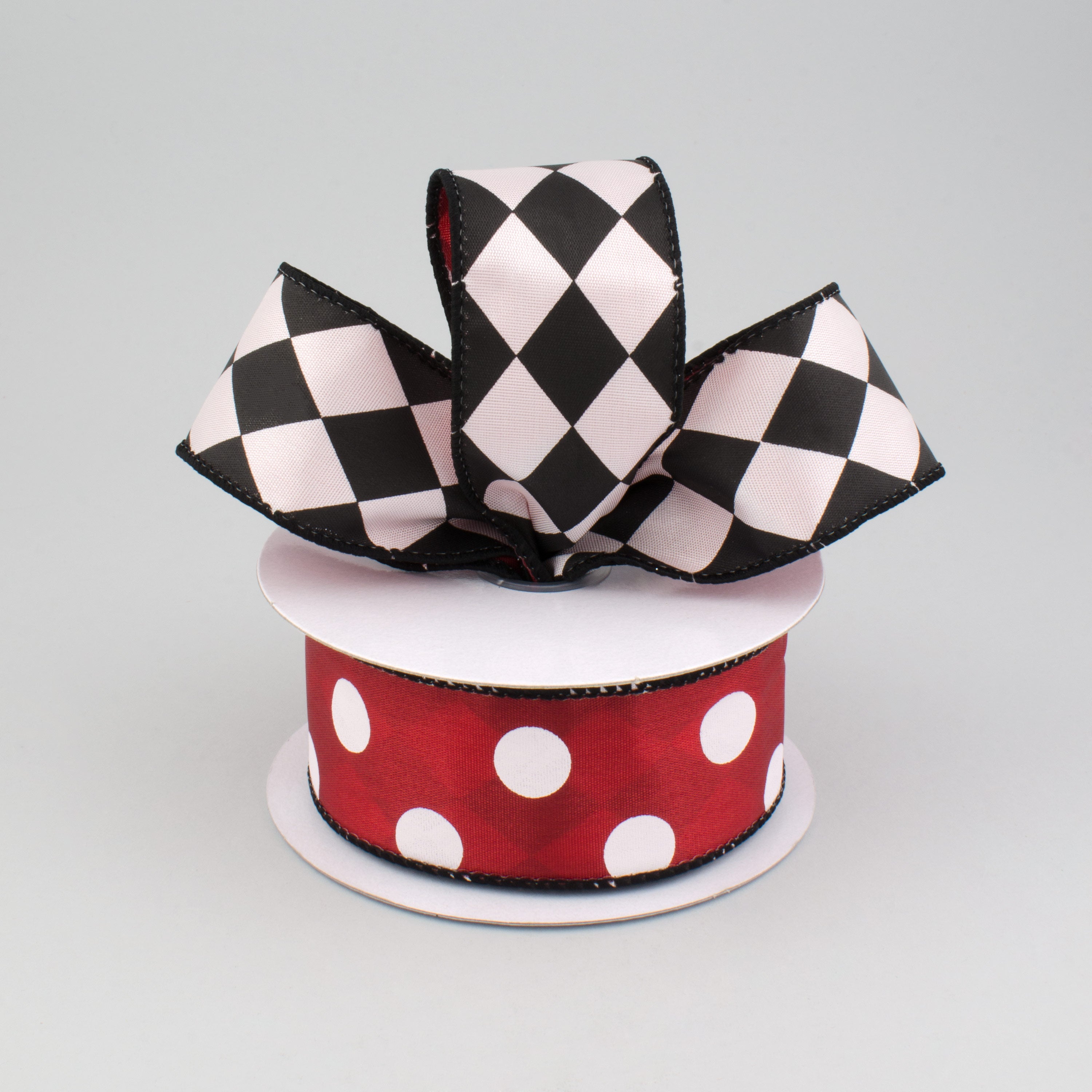 1.5 Inch Polka Dot & Harlequin Double-Sided Ribbon - Red, Black & White - 10 Yards Bulk Roll for Gift Wrapping, Crafts, Hair Bows & DIY Decorations