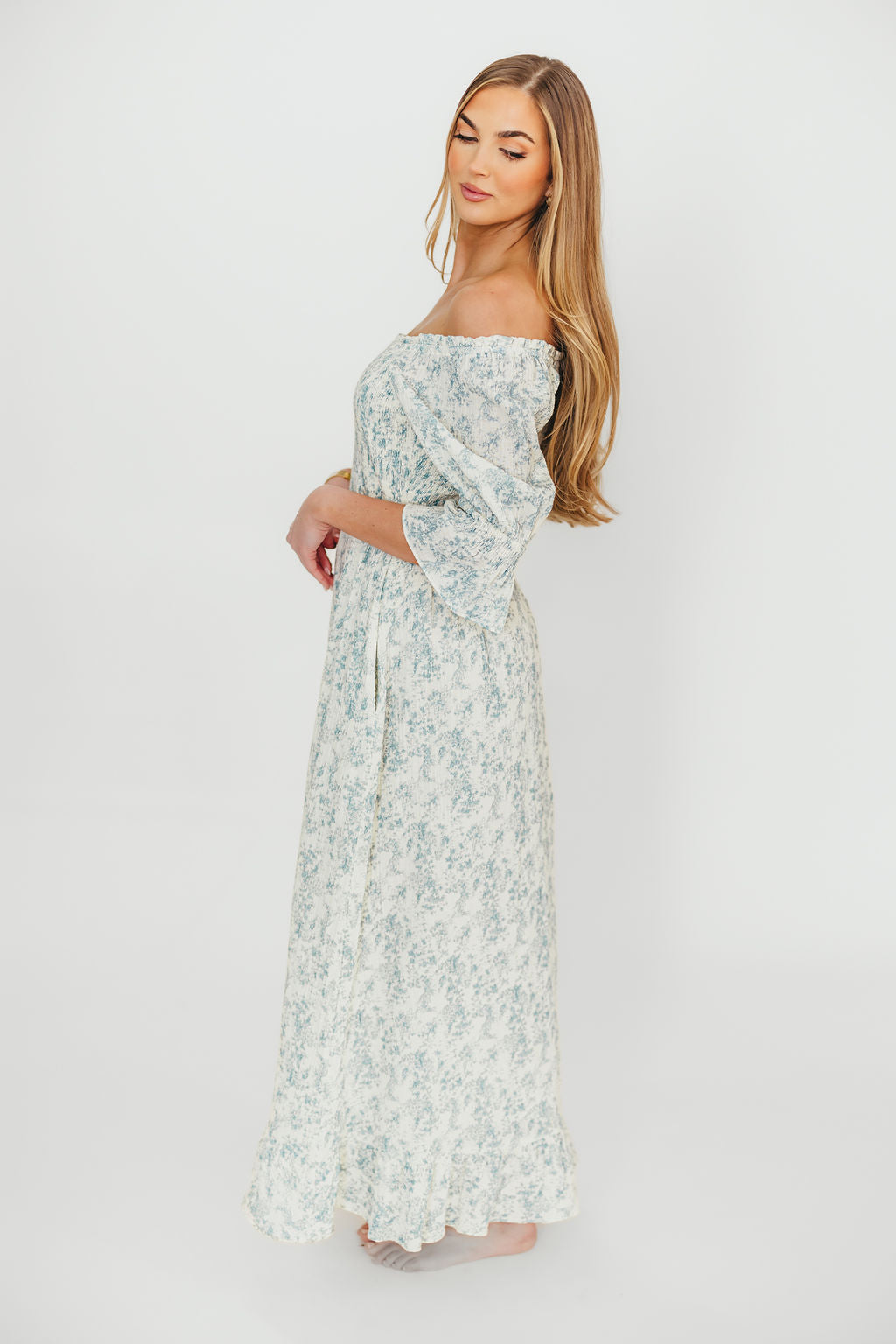 Sienna 100% Cotton Puff Sleeve Maxi Dress - Blue Floral Maternity Dress for Pregnancy | Bump Friendly, Comfortable & Stylish | Perfect for Baby Showers, Maternity Photos & Summer Outfits