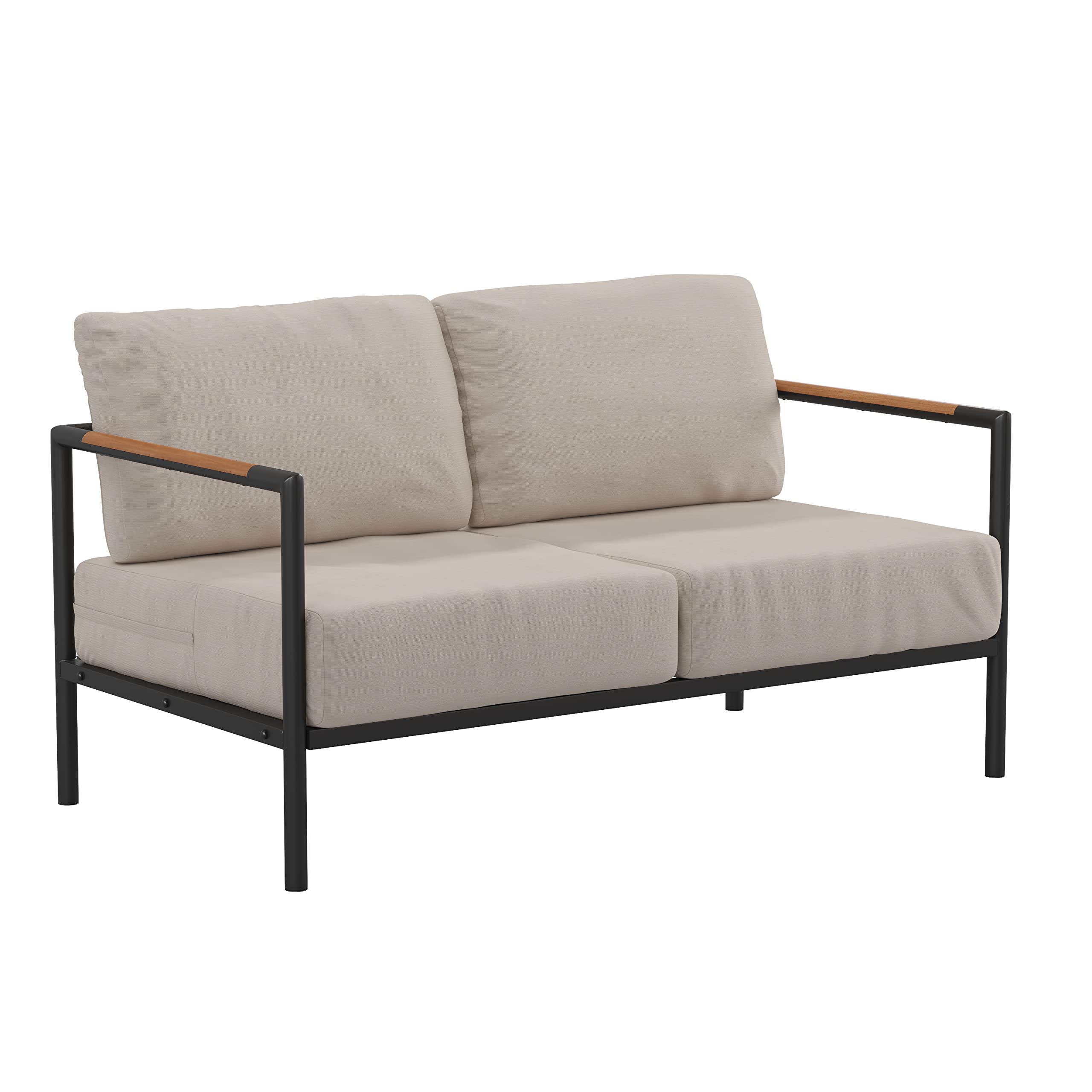 Merrick Lane Eastport Outdoor Loveseat with Removable Beige Fabric Cushions & Black Teak Accented Aluminum Frame - Perfect for Patio, Garden, Poolside or Deck Relaxation
