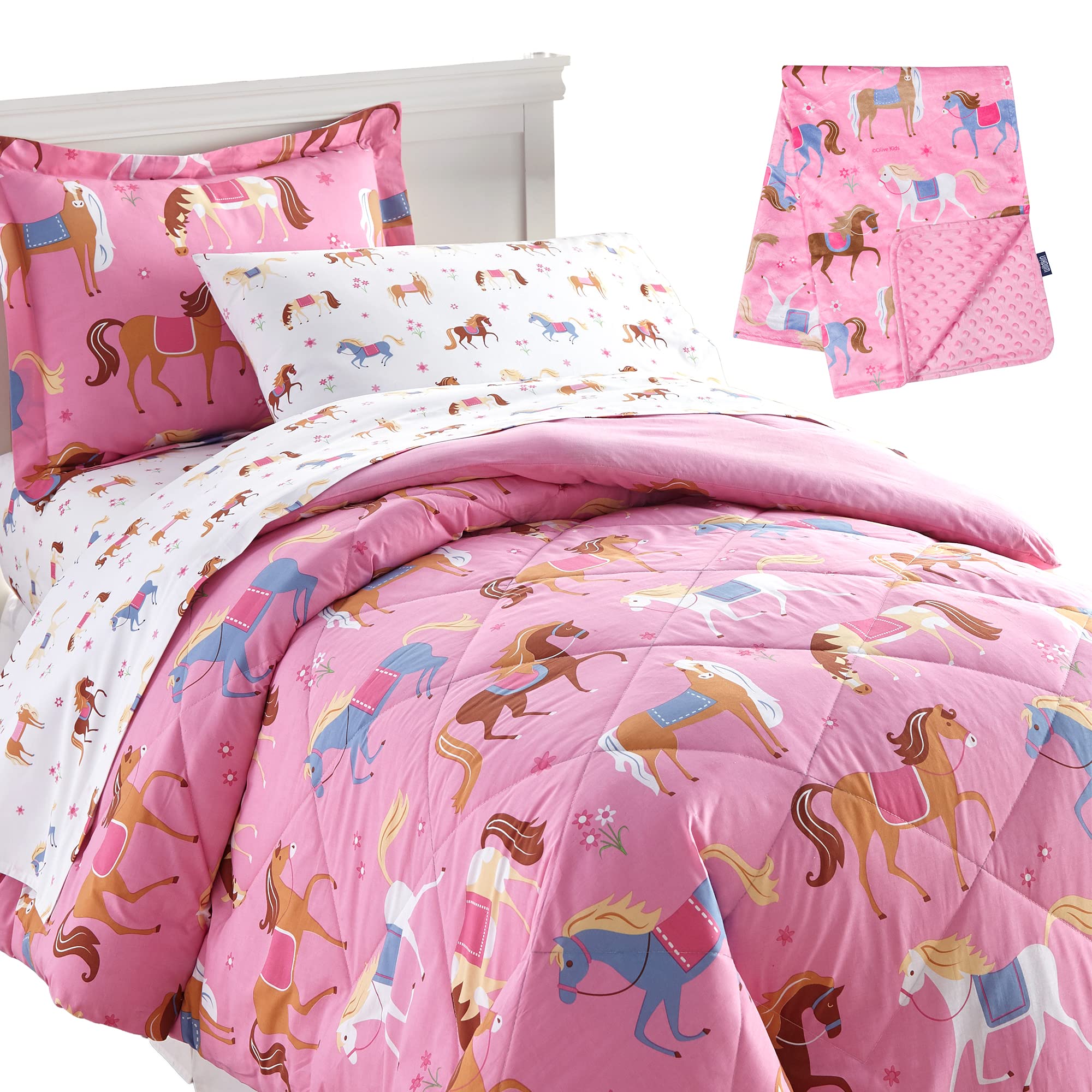 Wildkin Plush Blanket Set - 5 Piece Twin Bed in a Bag with Super Soft Cotton - Horse Design for Kids & Teens - Perfect for Bedroom, Dorm Room & Sleepovers