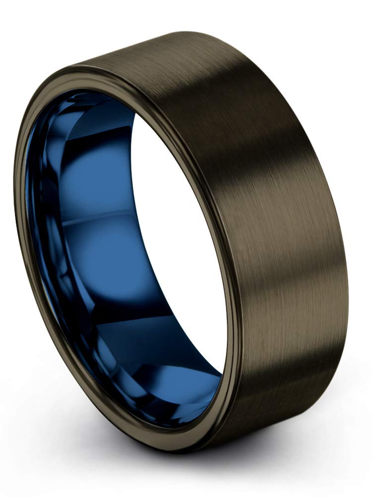 8mm Tungsten Carbide Wedding Band Ring for Men & Women - Blue Black Gunmetal Interior, Flat Cut, Brushed & Polished - Custom Engraving for Anniversary & Engagement - Perfect for Everyday Wear, Gifts & Special Occasions