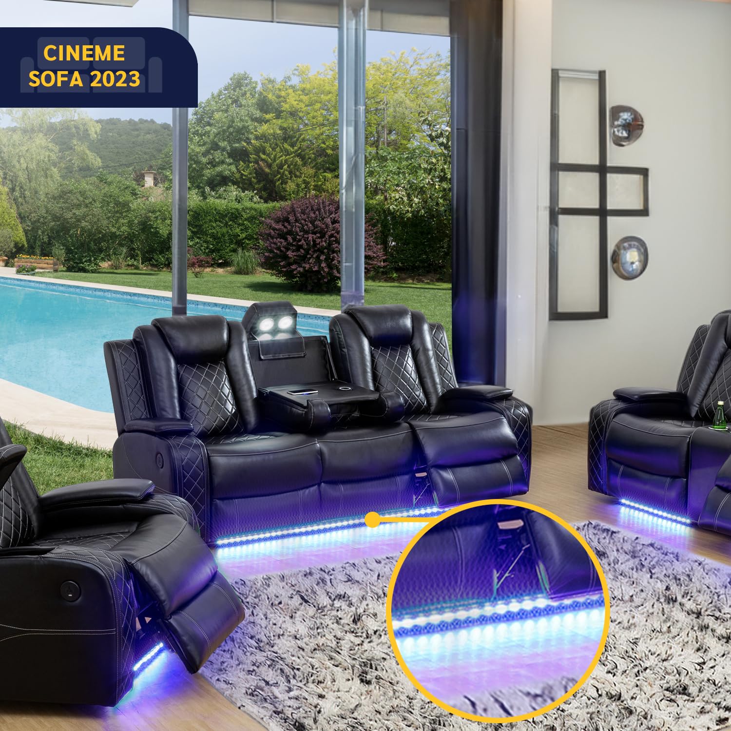 Electric Power Recliner Sofa Set with LED Lights - Modern Living Room Furniture for Home, Dorm, Guest House & Airbnb | Perfect for Relaxing, Movie Nights & Small Spaces