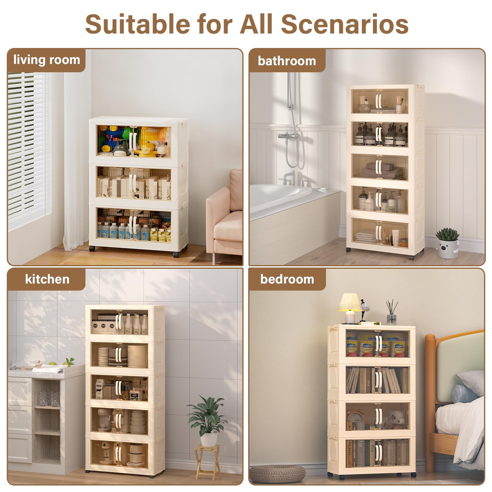 Wookon 213-Quart Rolling Storage Bins with Magnetic Lids - 4-Tier Plastic Organizer for Closet, Home & Office - Beige Collapsible Storage Containers with Dual Openings | Perfect for Organizing Clothes, Toys, and Household Items