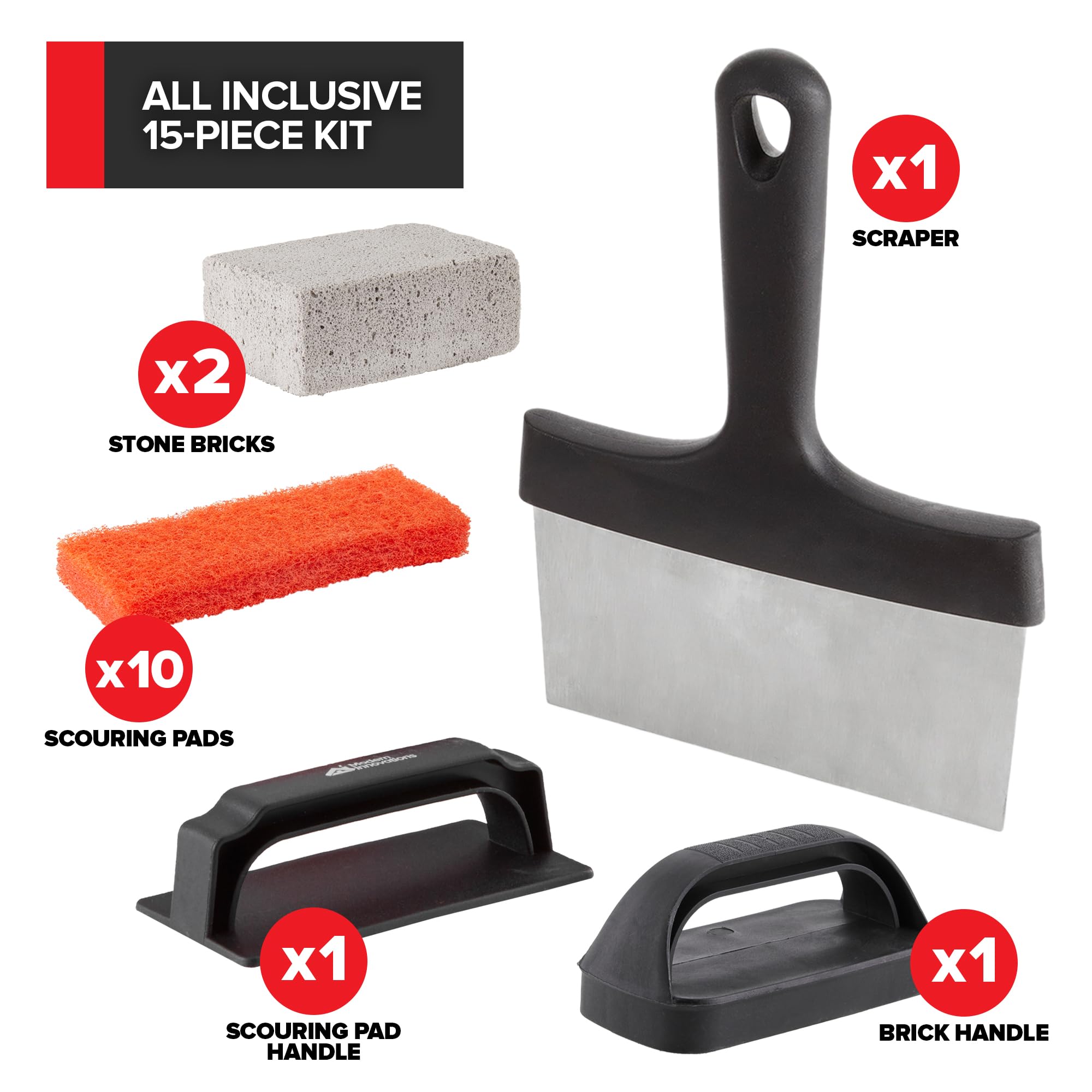 15-Piece Griddle Cleaning Kit for Blackstone & Weber BBQ - 10 Scouring Pads, 2 Grill Stone Bricks, 1 Indoor Grill Scraper, 2 Handles - Professional Flat Top Grill Cleaner Accessories for Outdoor & Indoor Cooking