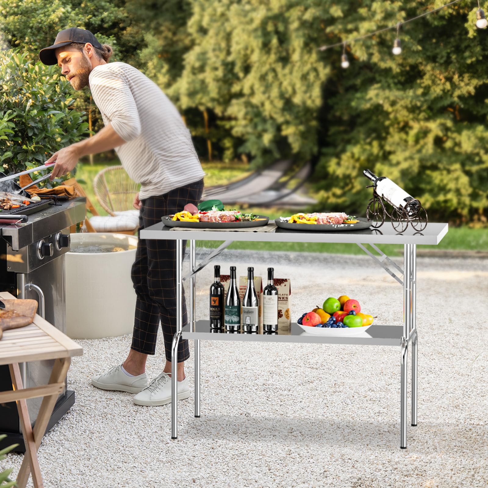 ROVSUN 48 x 24 Inch NSF Certified Stainless Steel Folding Table - Heavy Duty Commercial Prep Table with Undershelf | Portable for Kitchen, Restaurant, Hotel, Outdoor Camping & Picnic | Perfect for Food Prep, Buffet Serving & Outdoor Dining