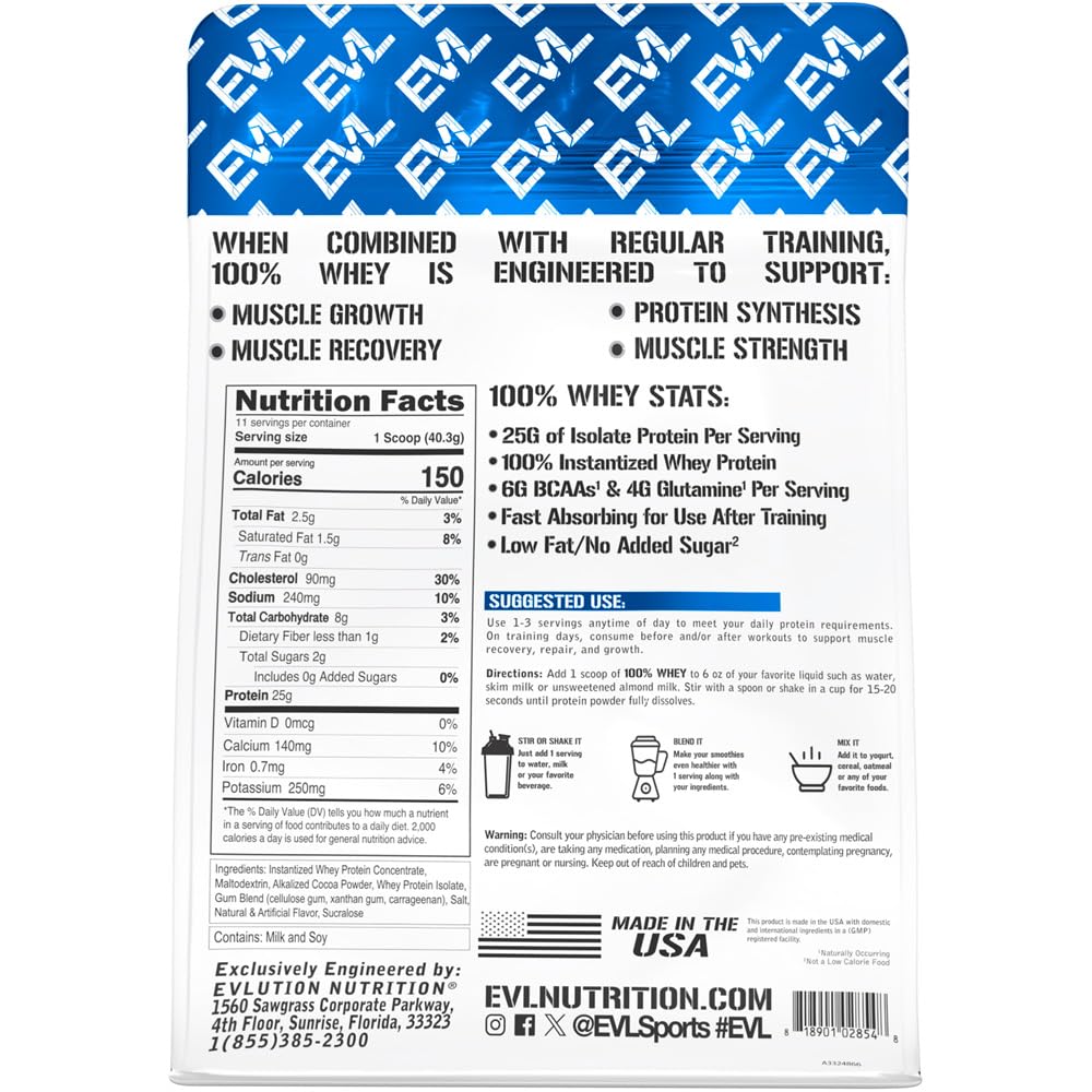 EVLUTION NUTRITION 100% Whey Protein Powder - 25g Protein, 6g BCAAs, 4g Glutamine - Gluten Free Muscle Recovery Supplement (1 LB, Double Rich Chocolate) for Post-Workout & Fitness Enthusiasts