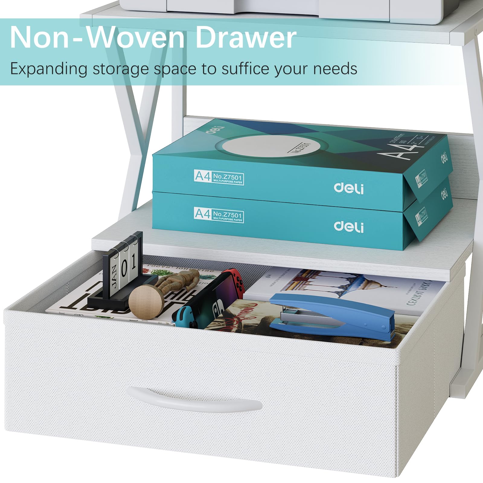 aboxoo 2-Tier Printer Stand with Storage Drawer - White Desktop & Under Desk Shelf Organizer for Fax Machine, 3D Printer, Scanner - Perfect for Home Office Workspace Organization