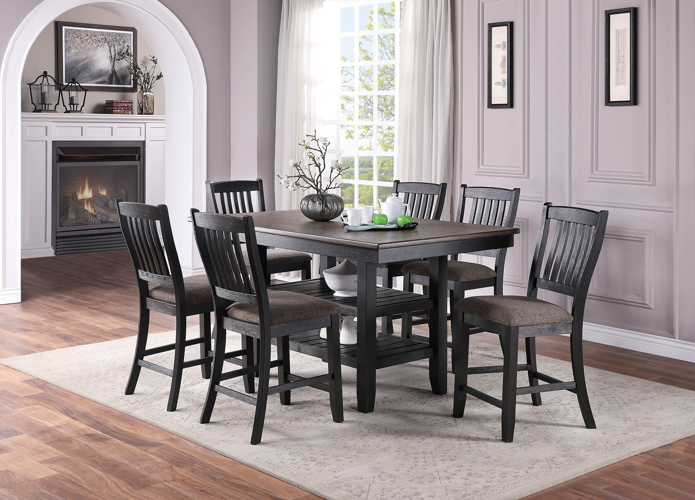 Dark Wooden Counter Height Bar Stools Set of 2 - Classic Coffee Finish Fabric Upholstered Seats with Unique Back Design - Perfect for Kitchen Islands, Breakfast Nooks & Dining Rooms