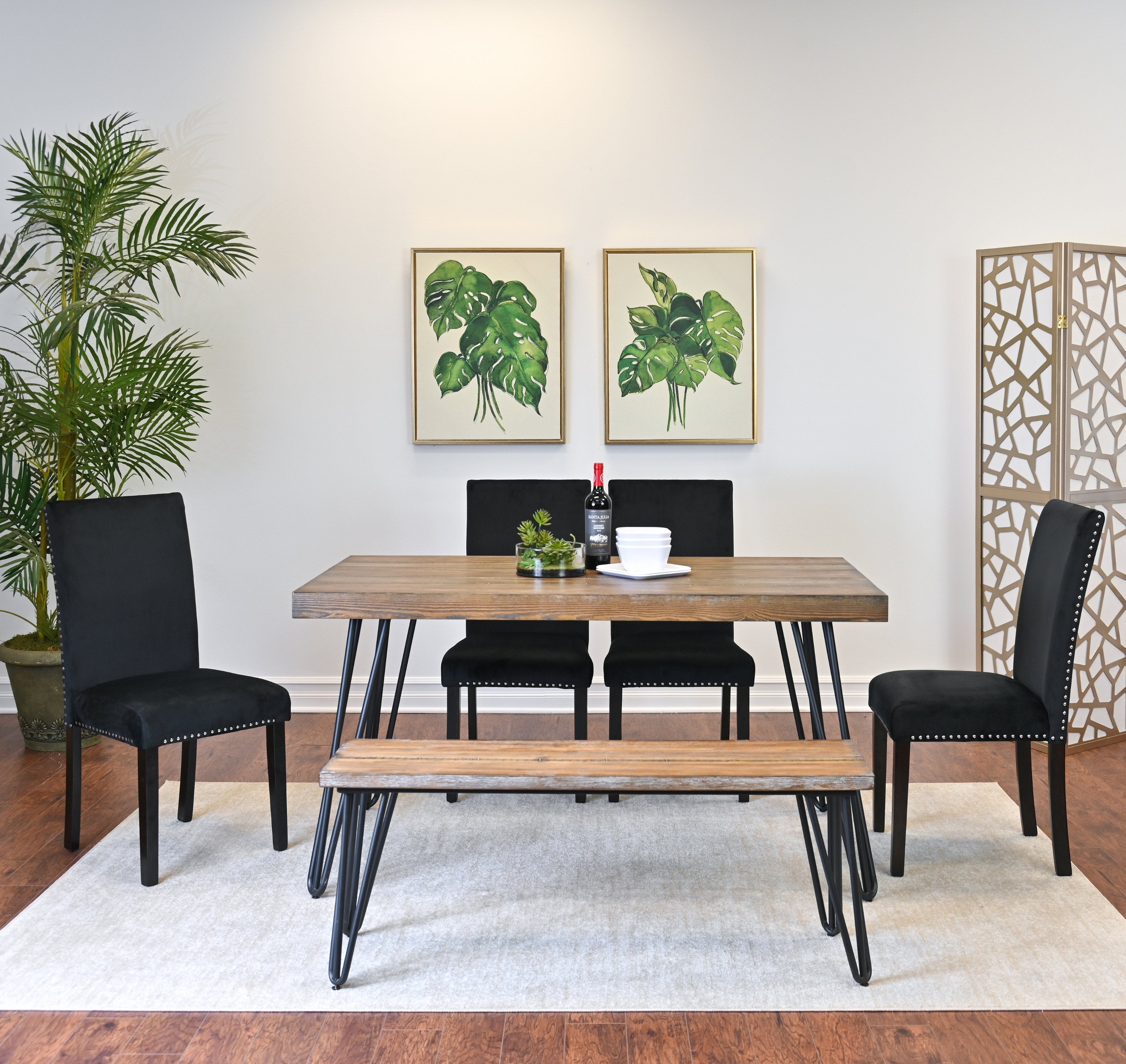 Roundhill Furniture Ashzo 6-Piece Dining Set with Hairpin Leg Table, 4 Chairs & Bench - Modern Kitchen & Dining Room Furniture for Small Spaces | Perfect for Breakfast Nook, Apartment Dining, and Entertaining Guests