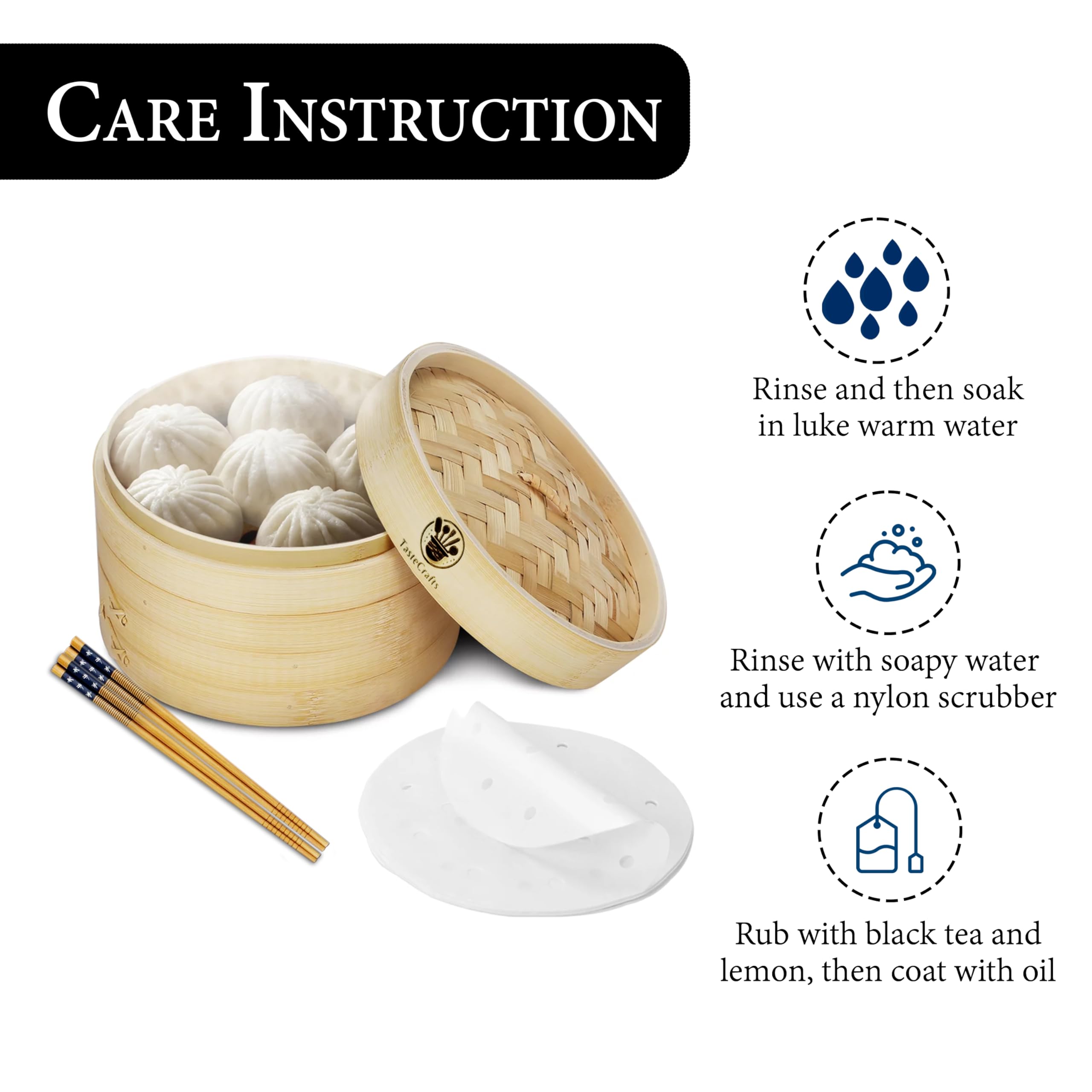 TASTECRAFTS 10-Inch Bamboo Steamer Basket Set - 2-Tier Asian Cooking Essential with Free Chopsticks, Steamer Liners & Ceramic Plate - Perfect for Dumplings, Dim Sum, Vegetables & Rice - Ideal for Home Chefs & Asian Cuisine Lovers
