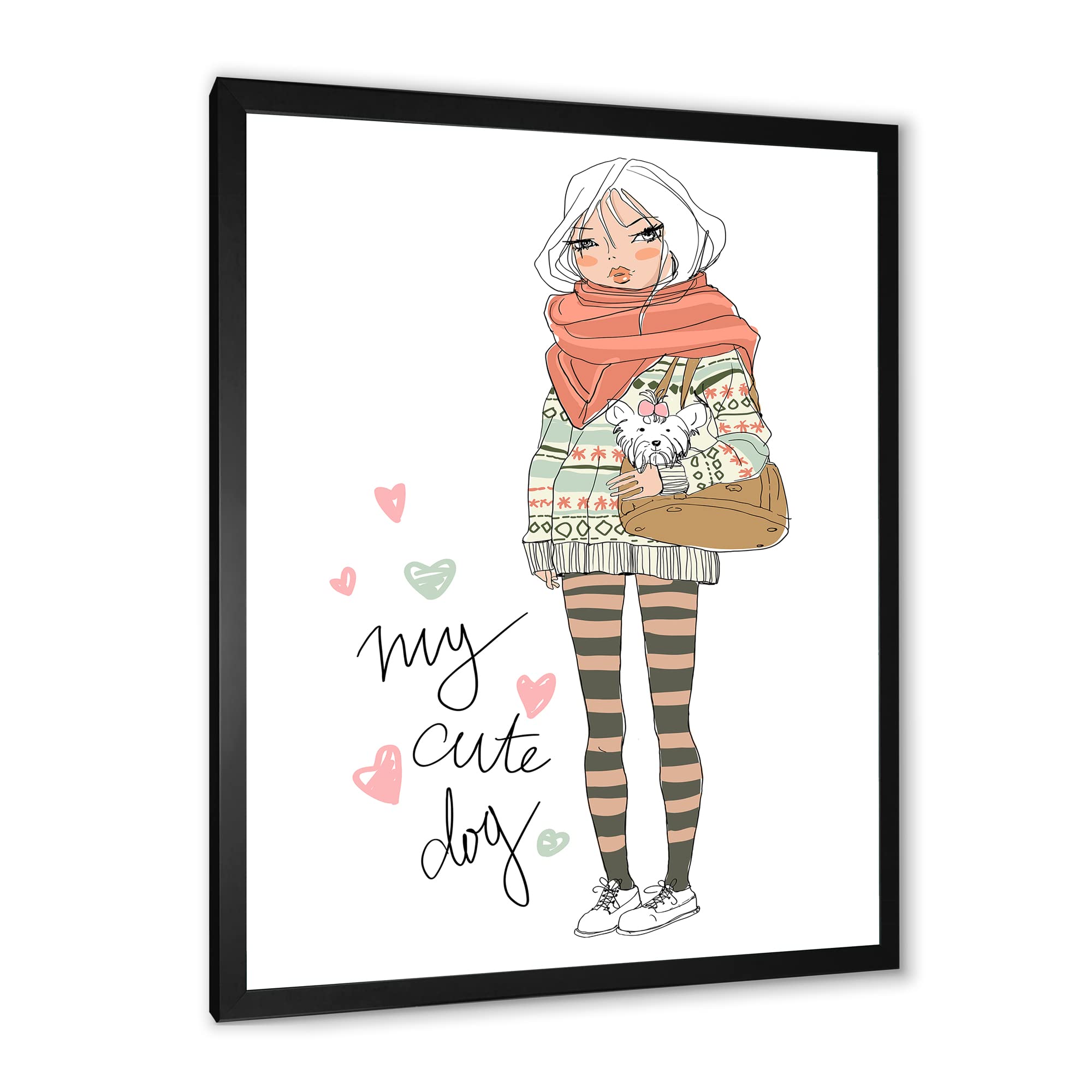 DesignQ Shabby Chic Framed Wall Art - Cute Girl with Dog Painting - Perfect for Nursery, Bedroom & Living Room Decor