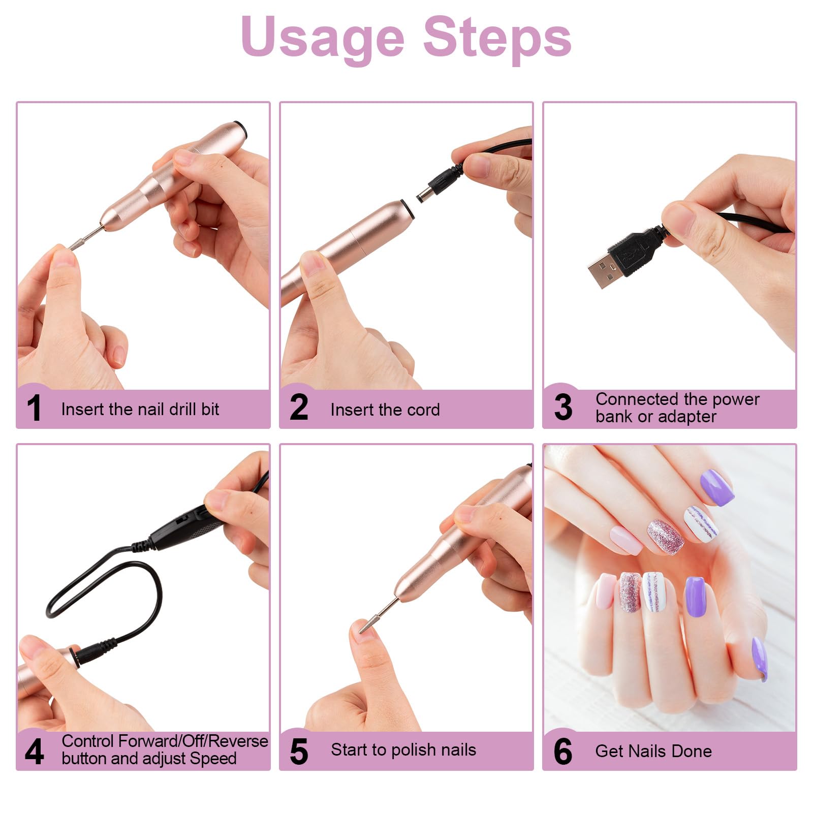 Professional Electric Nail Drill Set - USB Powered Manicure & Pedicure Kit with 6 Drill Bits & Sanding Bands for Acrylic Nails, Gel Polish Removal - Perfect for Salon & Home Use, DIY Nail Care & Beauty Treatments