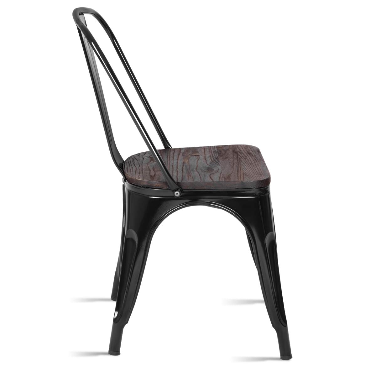 GOFLAME Set of 4 Metal Dining Chairs with Wood Seat - Tolix Style Stackable Bistro Chairs for Indoor & Outdoor Use - High Back Cafe Side Chairs for Restaurant, Living Room, Patio & Kitchen (Black)
