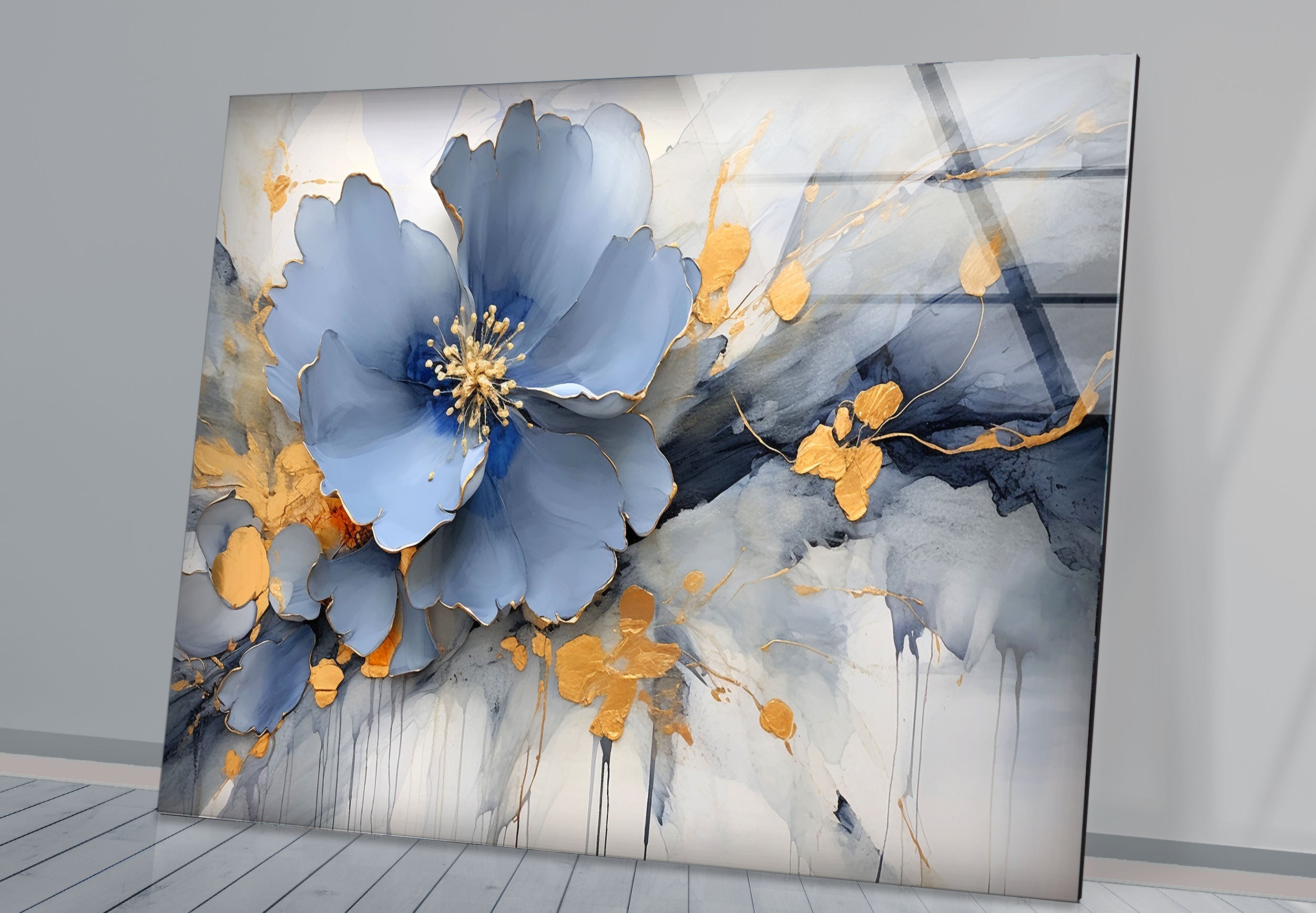 Blue Gold Blossom Wall Art - Elegant Floral Glass Print for Home Décor | Modern Botanical Painting for Living Room, Bedroom & Office | Perfect Housewarming Gift