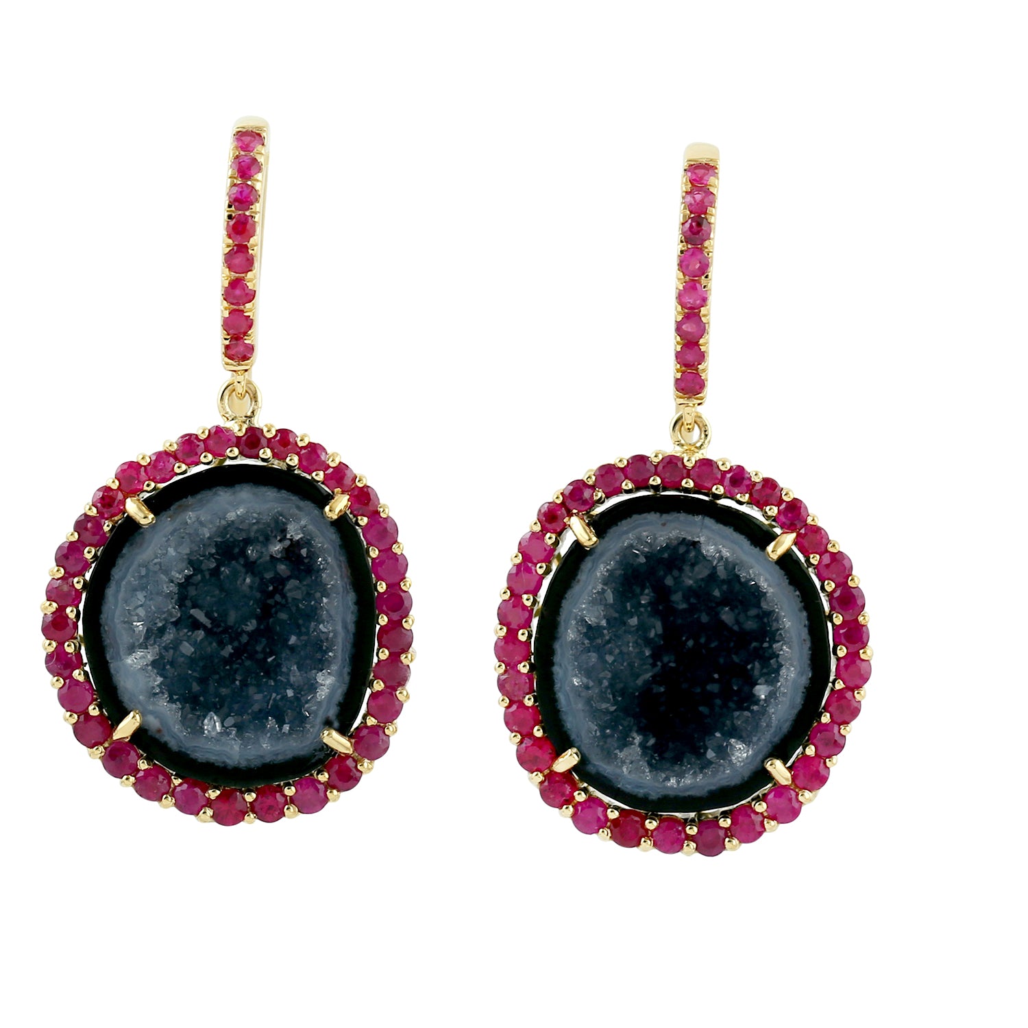18K Yellow Gold Geode & Ruby Gemstone Ear Hook Earrings - Elegant Wedding Gift for Bride, Anniversary & Special Occasions