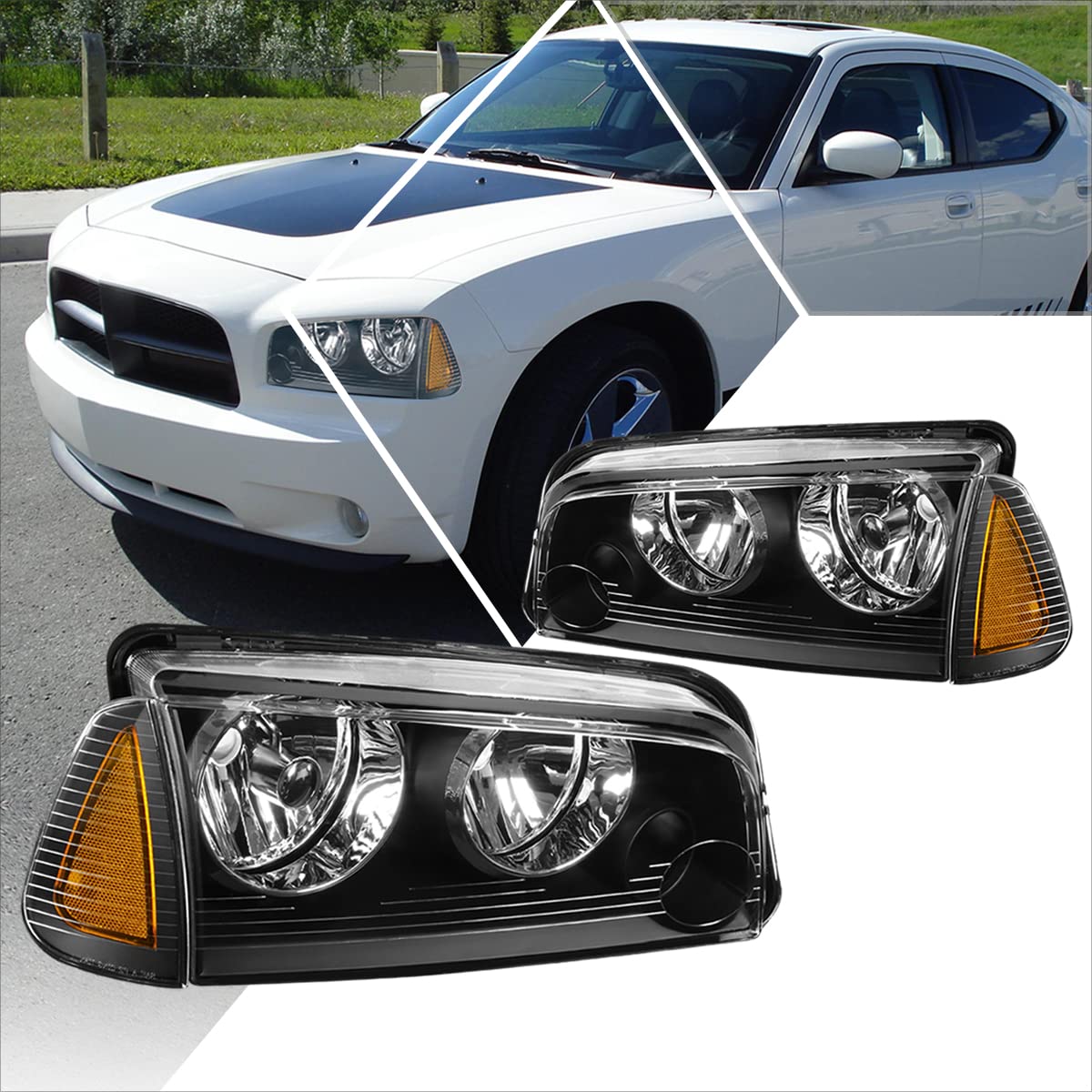 PM PERFORMOTOR 2Pcs Black Housing/Amber Corner Replacement Headlights Assembly Compatible with 2006-2010 Dodge Charger - Upgrade Your Car Lighting for Night Driving & Enhanced Style