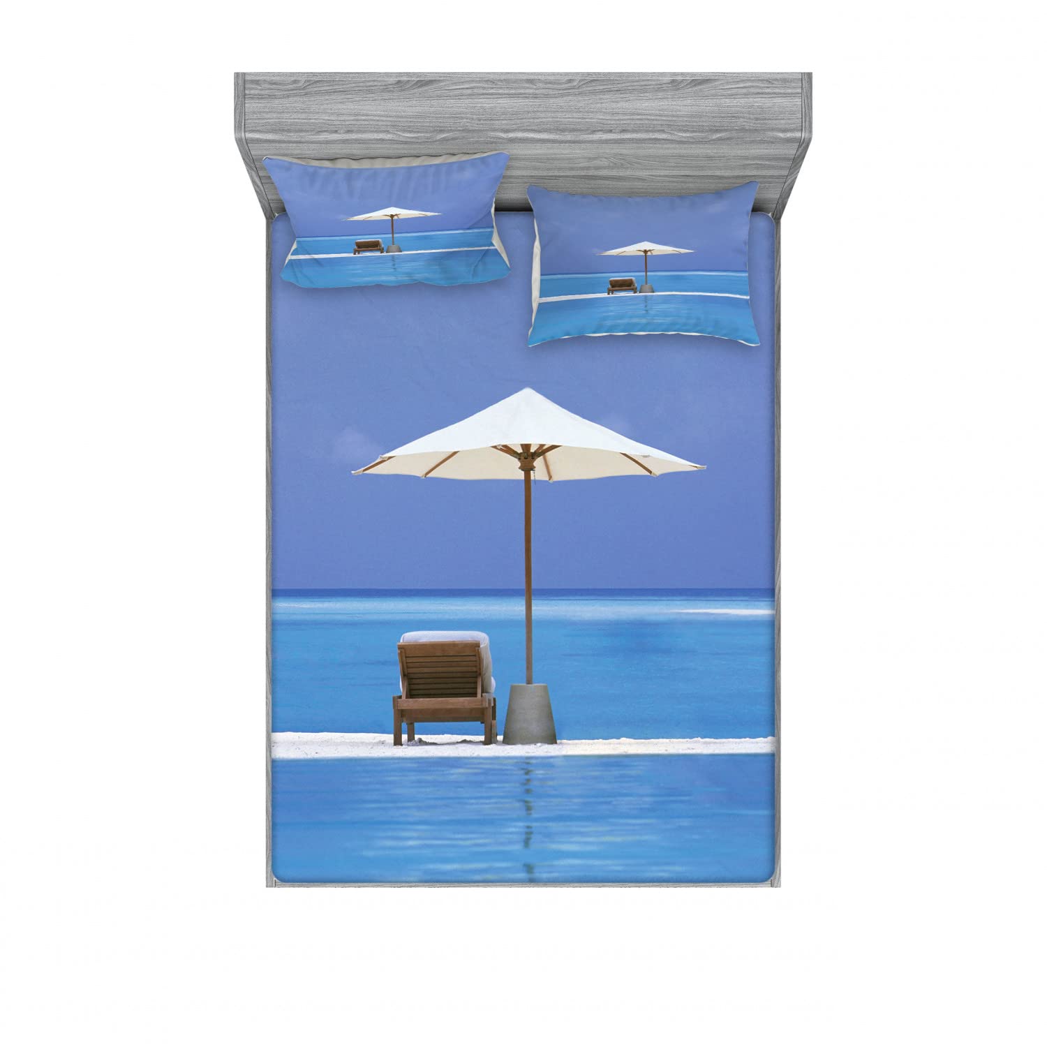Ambesonne 2-Pack Full Size Fitted Sheet & Pillow Sham Set - Ocean Seascape Beach Design, Blue and Beige 4-Piece Bedding Set (2 Fitted Sheets + 4 Pillow Covers) for Coastal Decor, Guest Rooms & Vacation Homes