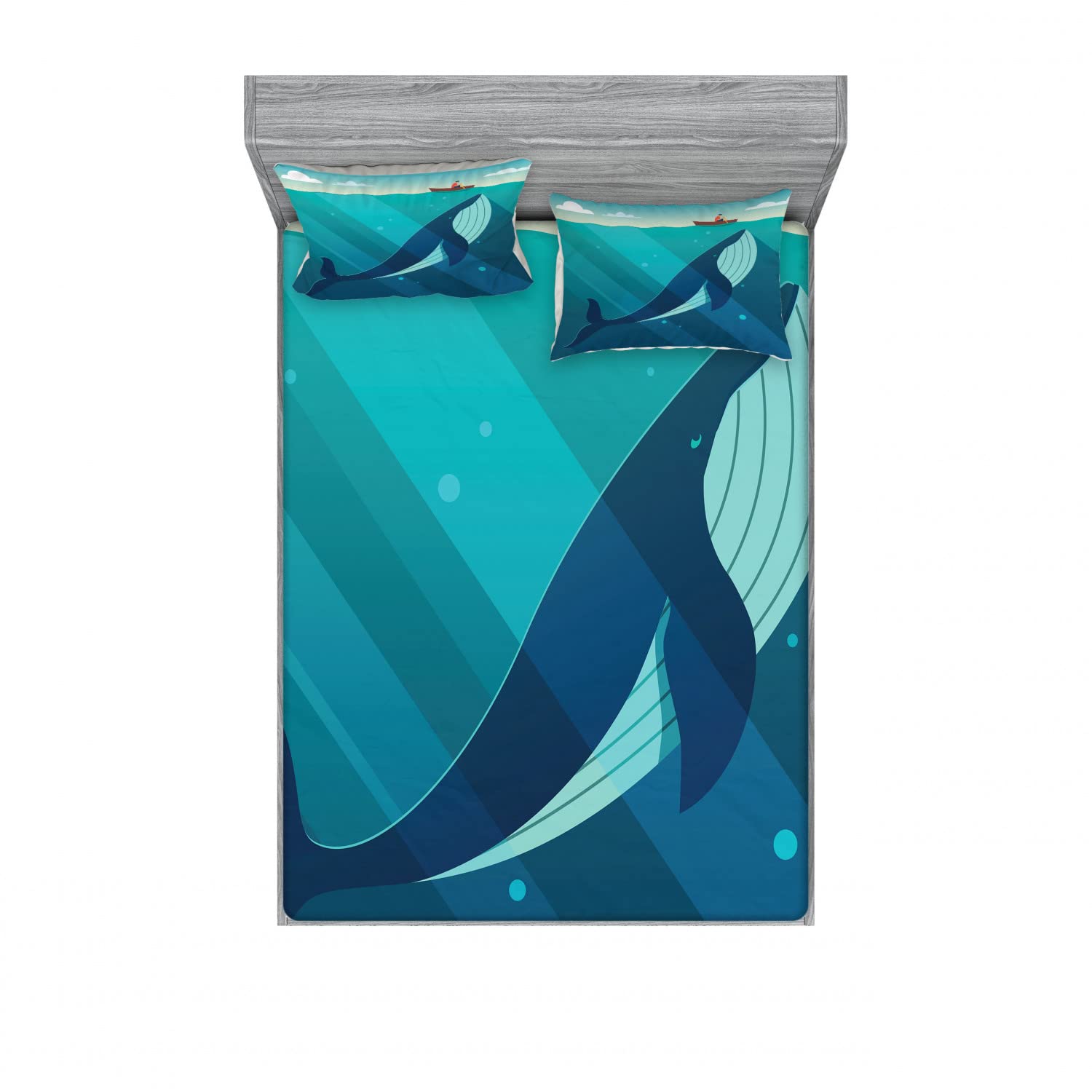 Ambesonne 2-Pack Full Size Fitted Sheet Set with 4 Pillow Shams - Nautical Whale & Sun Rays Design Blue White Ocean Theme Bedding - Perfect for Beach House, Guest Room & Coastal Decor