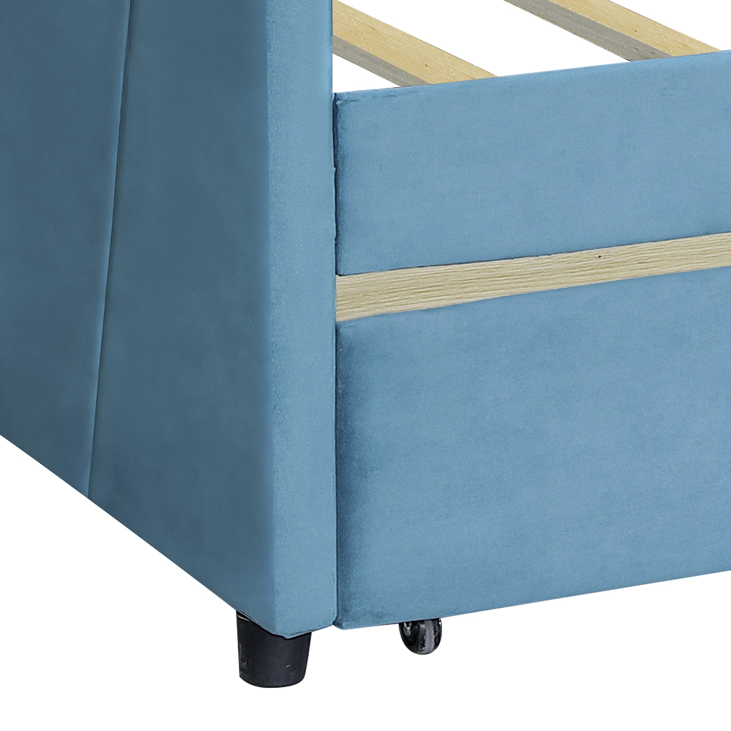 Merax Twin Size Upholstered Daybed with 2 Drawers & Wood Slat Support - Blue Fabric Sofa Bed Frame for Small Spaces, Guest Room & Dormitory
