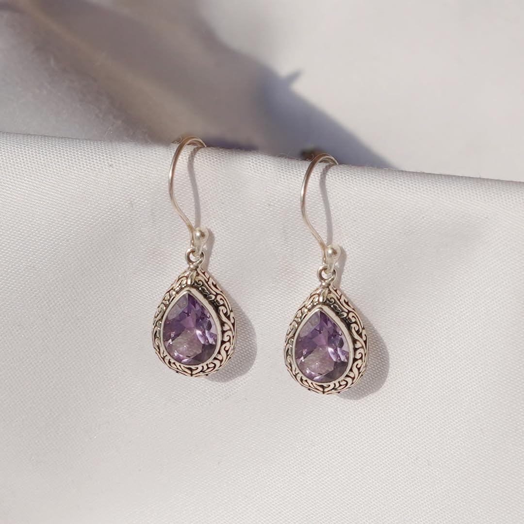 Handmade 925 Sterling Silver Purple Amethyst Gemstone Filigree Drop Dangle Earrings for Women | Unique Tribal Fashion Jewelry | Perfect for Boho Chic, Wedding & Special Occasions