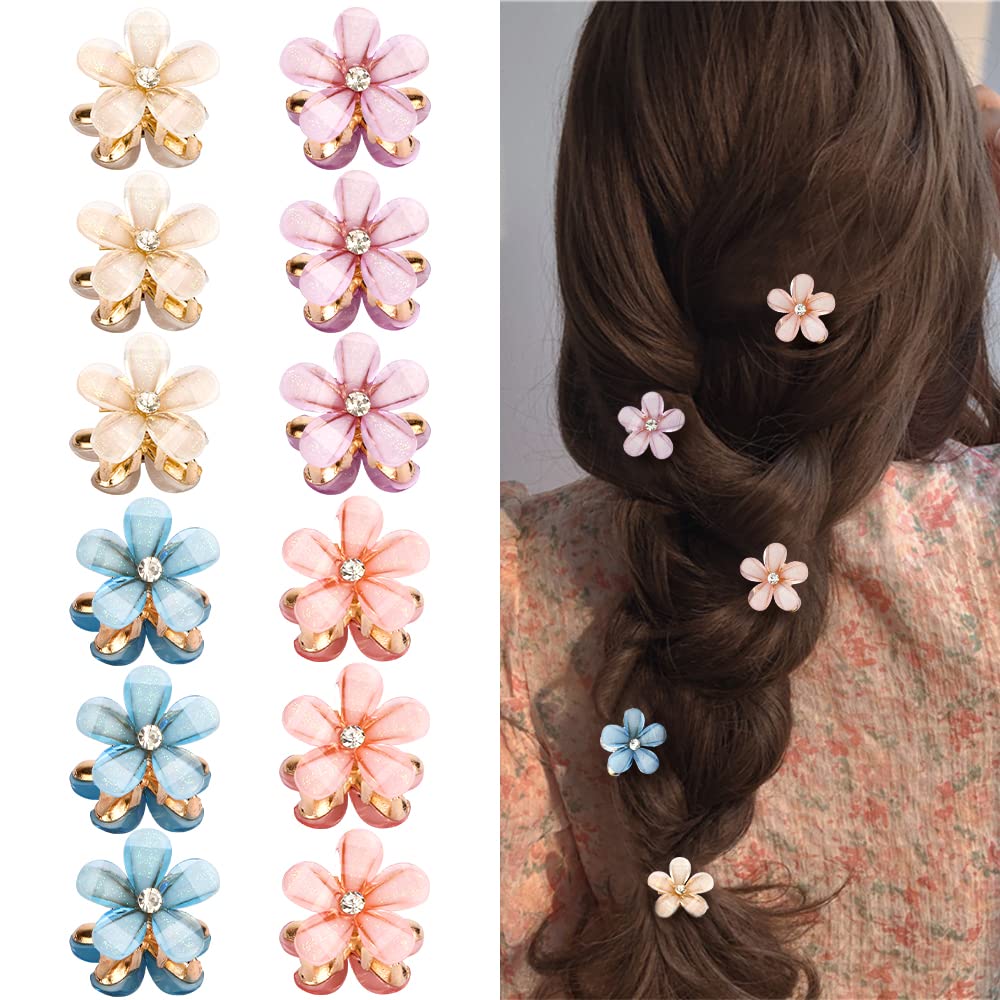 AHONEY 12Pcs Small Crystal Mini Flower Hair Clips & Barrettes for Fine Hair - 4 Elegant Colors | Perfect for Weddings, Parties & Everyday Hair Accessories