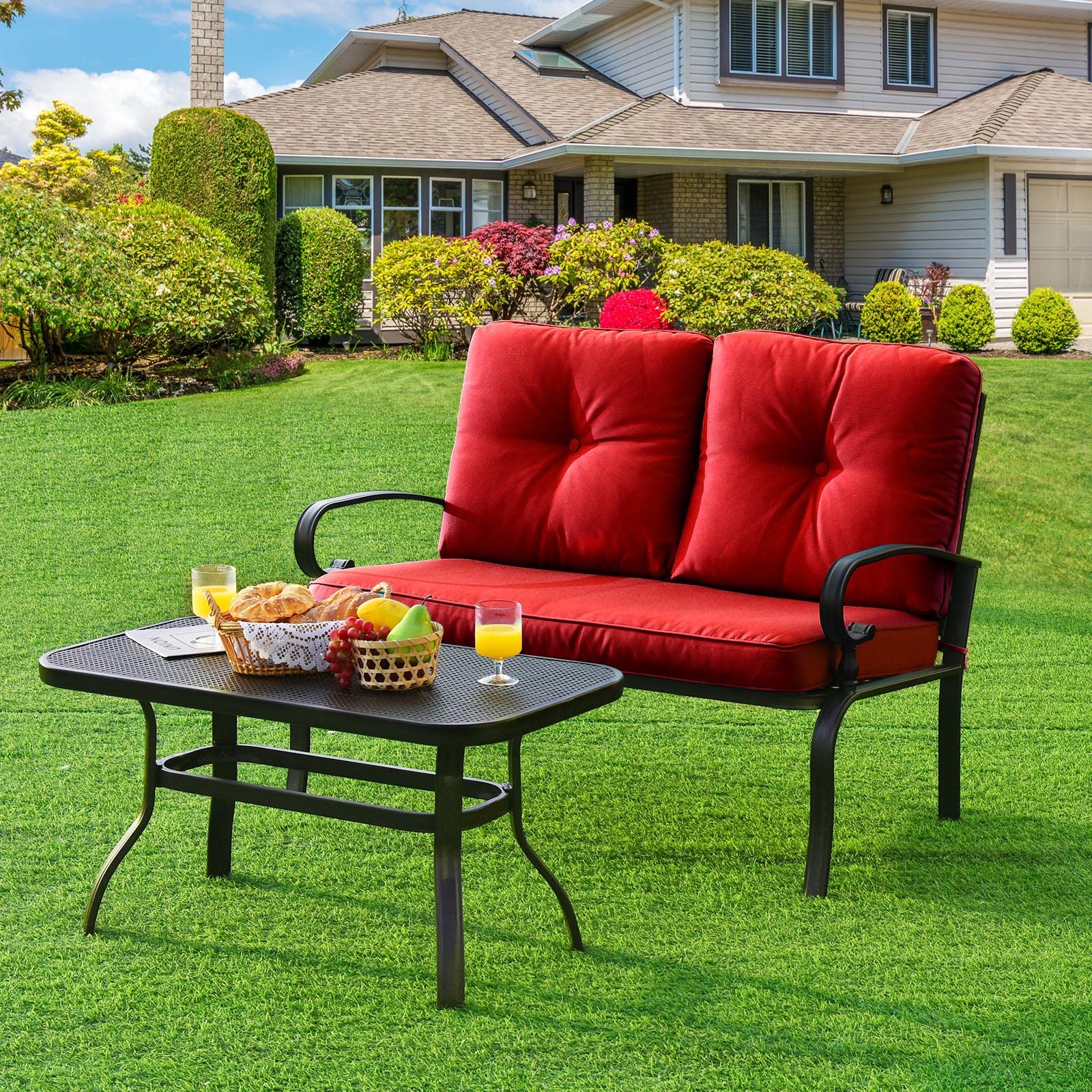 Tangkula 2-Piece Outdoor Patio Loveseat Set with Cushions & Coffee Table - Rustproof Steel Frame, Waterproof Fabric - Perfect for Garden, Poolside, Balcony & Backyard Relaxation (Red)