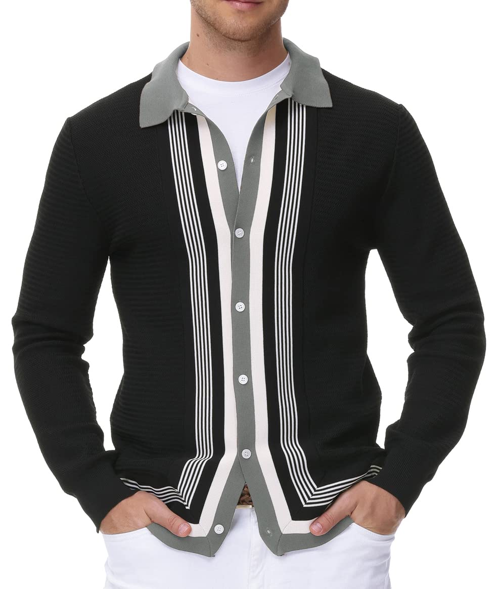 PJ Paul Jones Men's Long Sleeve Button Down Knitted Cardigan Sweater - Striped Polo Shirt for Casual Wear & Office Outfits | Comfortable Winter Layering & Smart Business Attire
