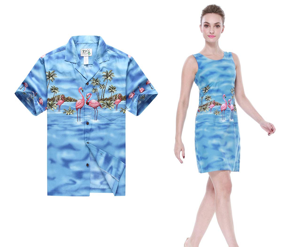 Hawaiian Couple Matching Luau Aloha Shirt & Tank Dress Set - Pink Flamingo Print on Blue - Beach Vacation, Summer Party, Hawaiian Theme Outfits