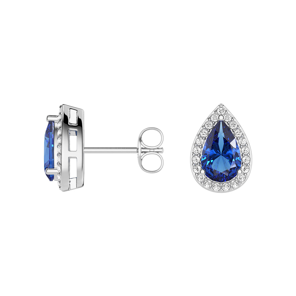 Blue Sapphire Drop Pendant & Halo Stud Earrings Set - Sterling Silver Jewelry for Women, Elegant Gift for Birthday, Anniversary & Special Occasions